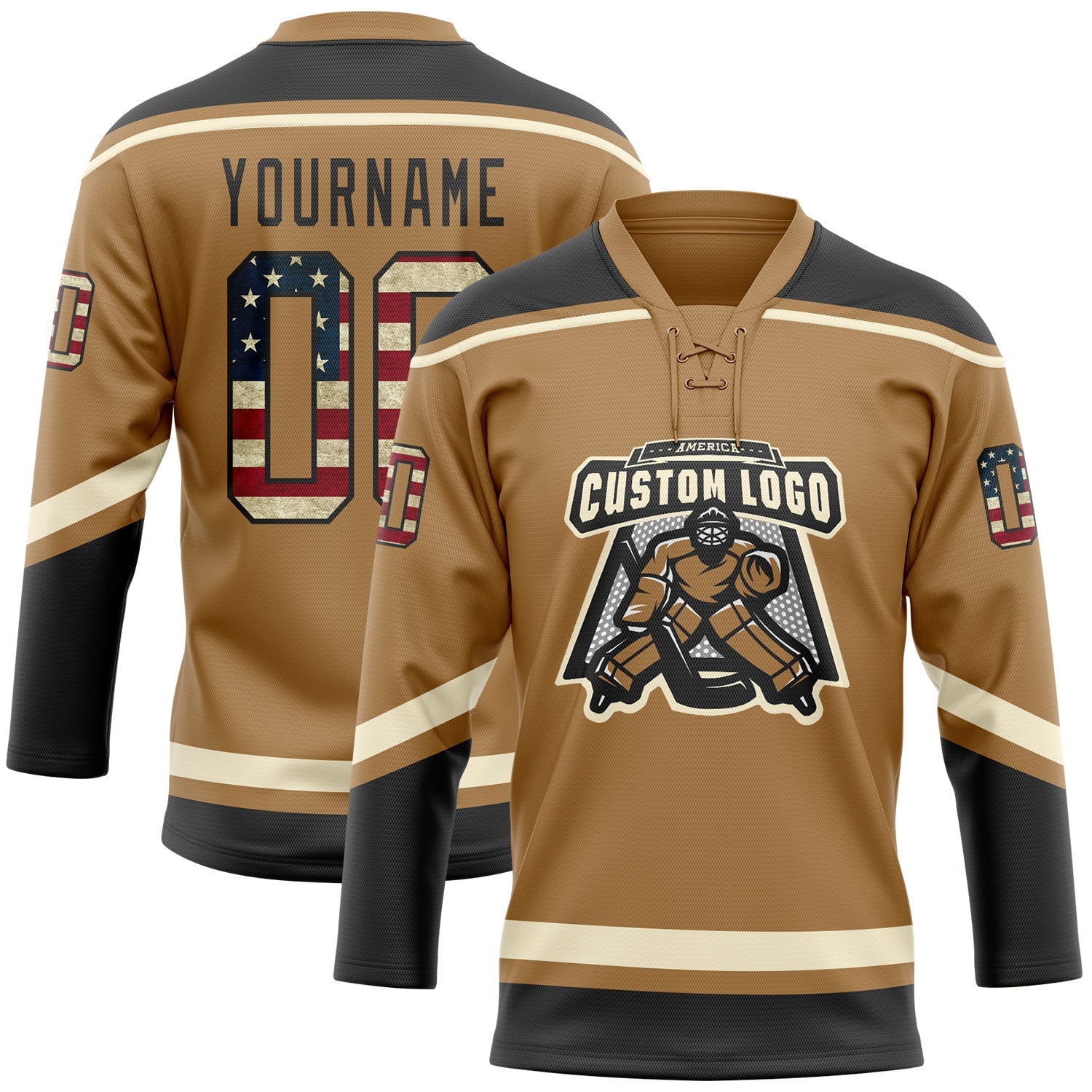 Custom Old Gold Vintage USA Flag Black-Cream Hockey Lace Neck Jersey view 2