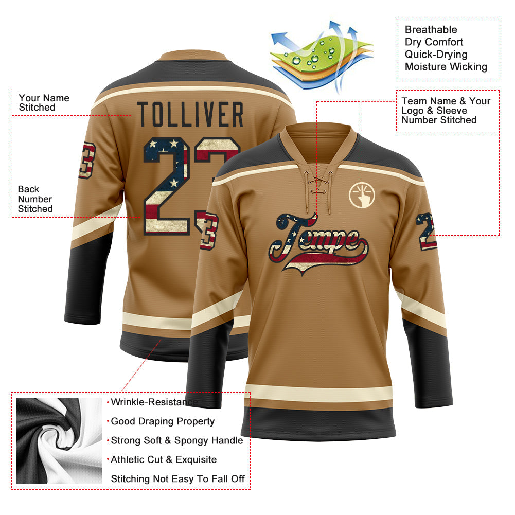 Custom Old Gold Vintage USA Flag Black-Cream Hockey Lace Neck Jersey view 3