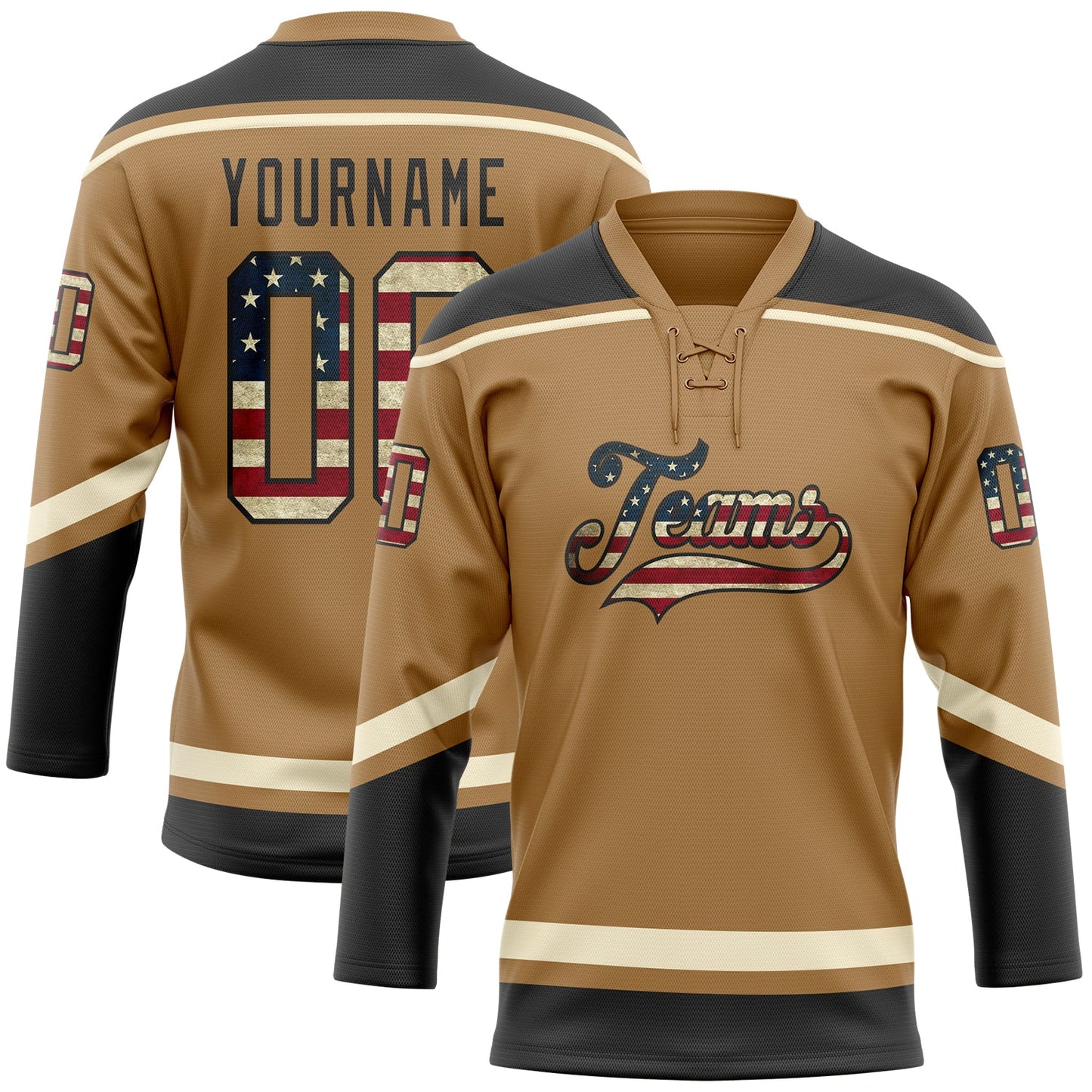 Custom Old Gold Vintage USA Flag Black-Cream Hockey Lace Neck Jersey - Main View