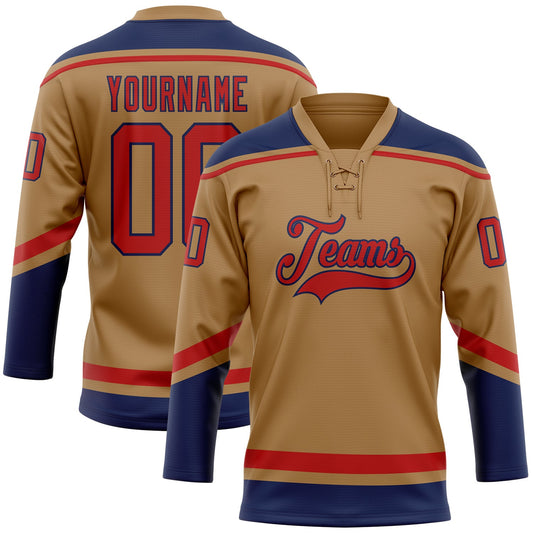Custom Old Gold Red-Navy Hockey Lace Neck Jersey - Main View