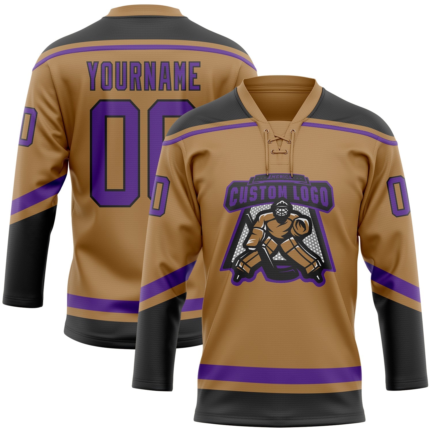 Custom Old Gold Purple-Black Hockey Lace Neck Jersey view 2