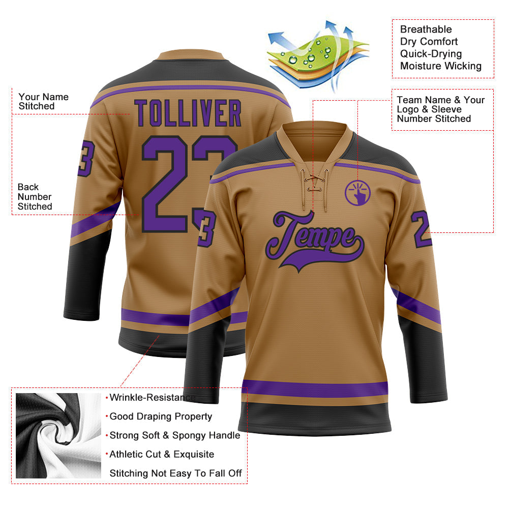 Custom Old Gold Purple-Black Hockey Lace Neck Jersey view 3