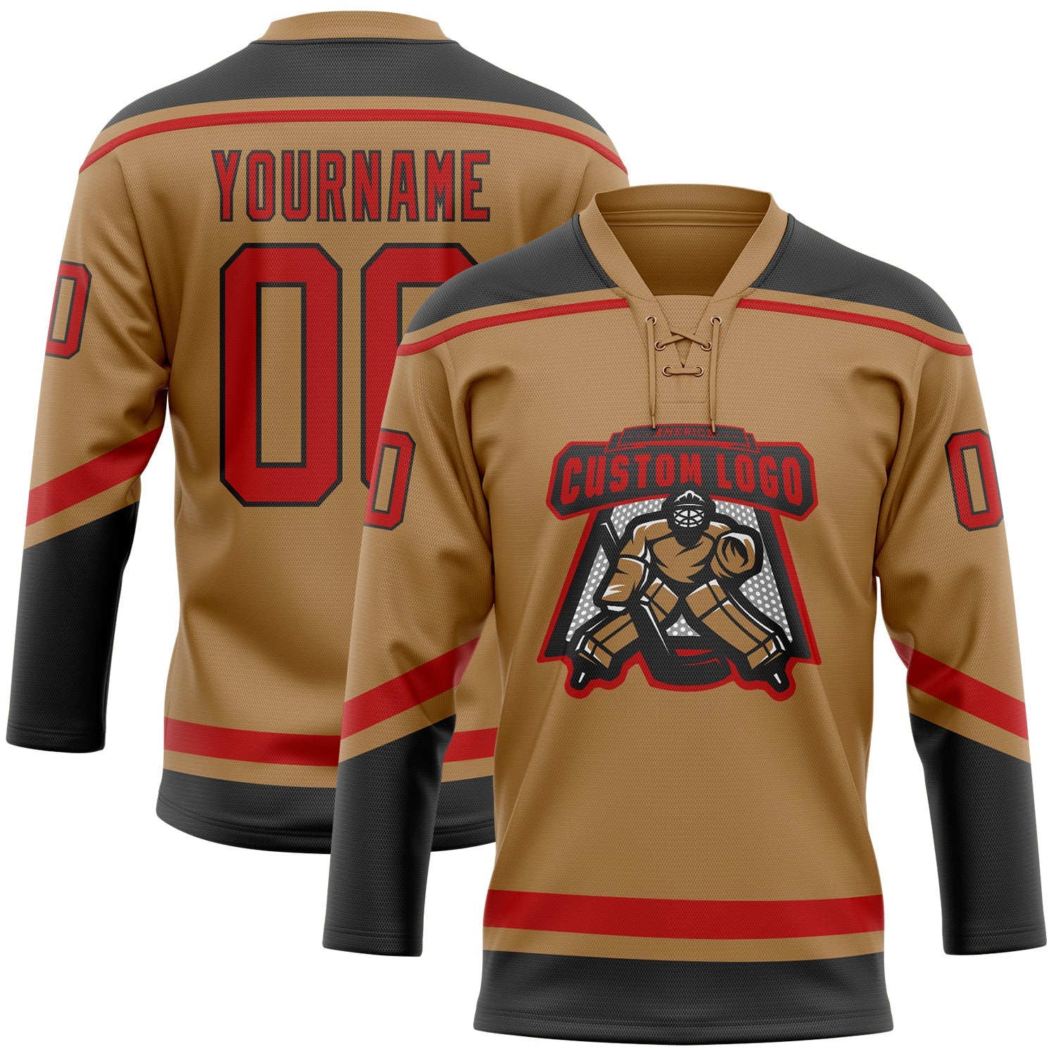 Custom Old Gold Red-Black Hockey Lace Neck Jersey view 2