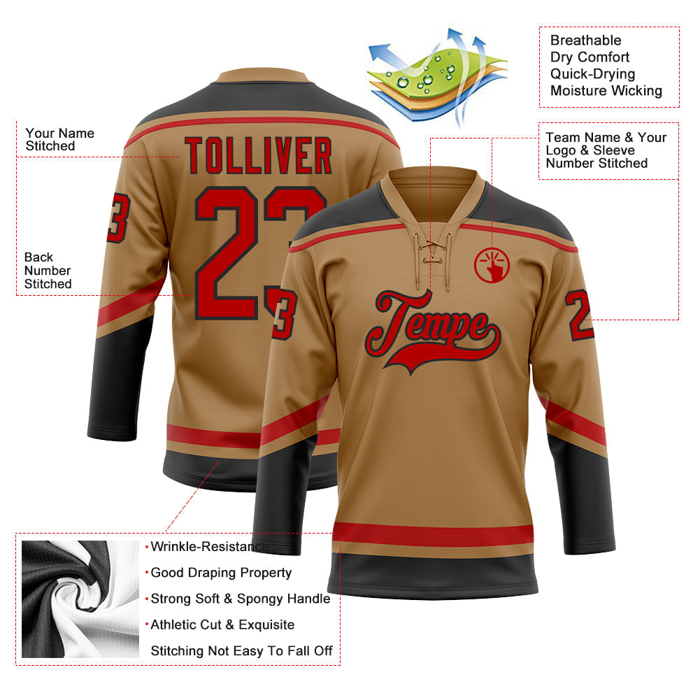 Custom Old Gold Red-Black Hockey Lace Neck Jersey view 3