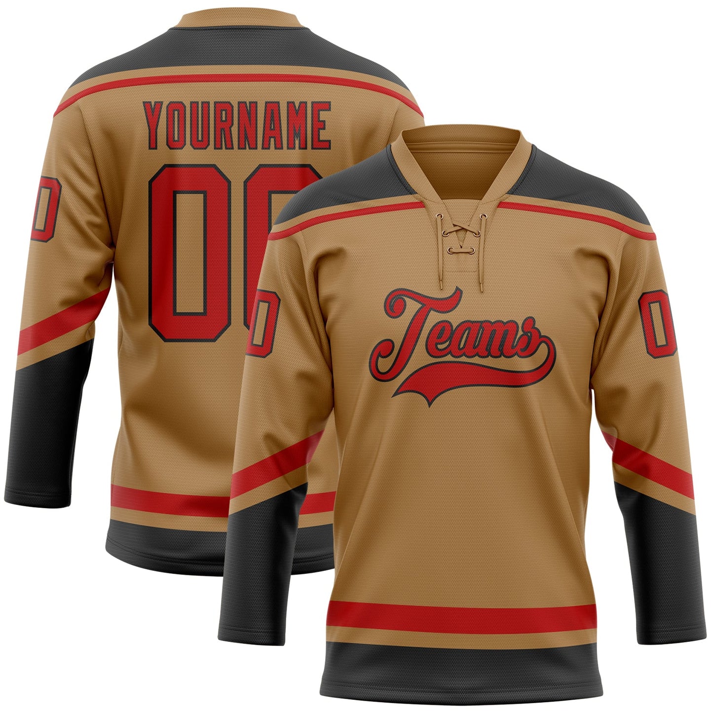 Custom Old Gold Red-Black Hockey Lace Neck Jersey - Main View