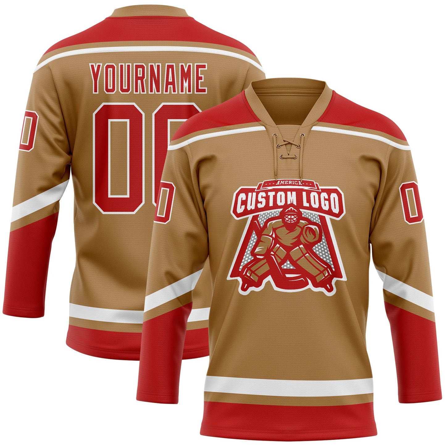 Custom Old Gold Red-White Hockey Lace Neck Jersey view 2