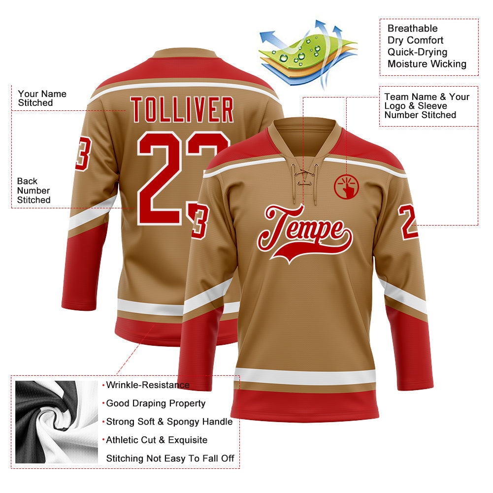 Custom Old Gold Red-White Hockey Lace Neck Jersey view 3