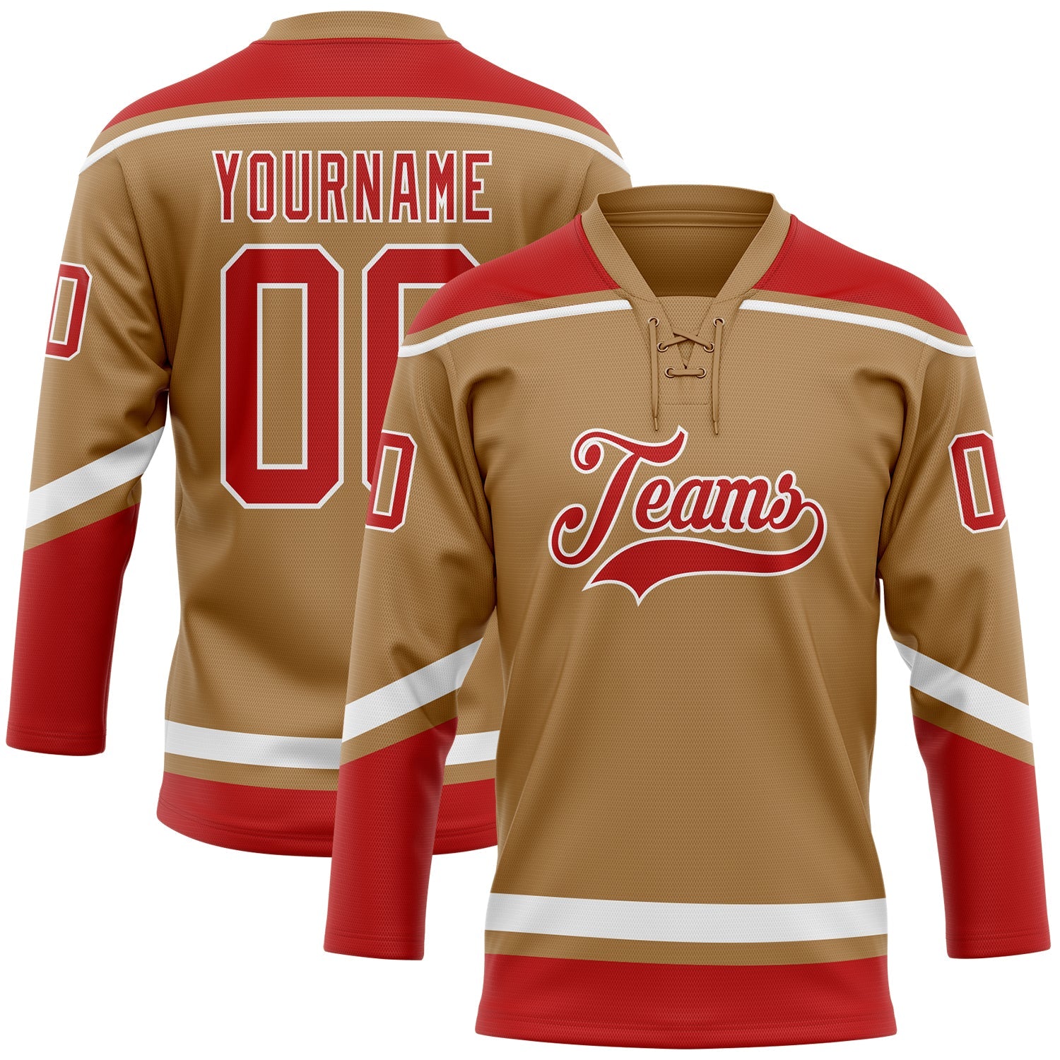 Custom Old Gold Red-White Hockey Lace Neck Jersey - Main View