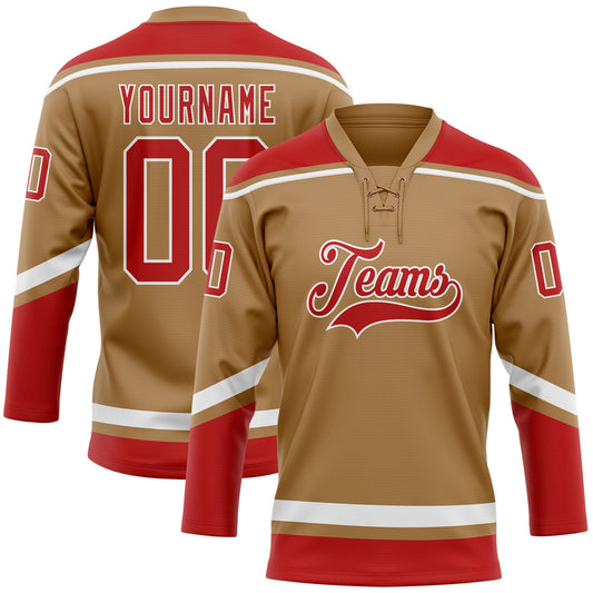 Custom Old Gold Red-White Hockey Lace Neck Jersey - Main View