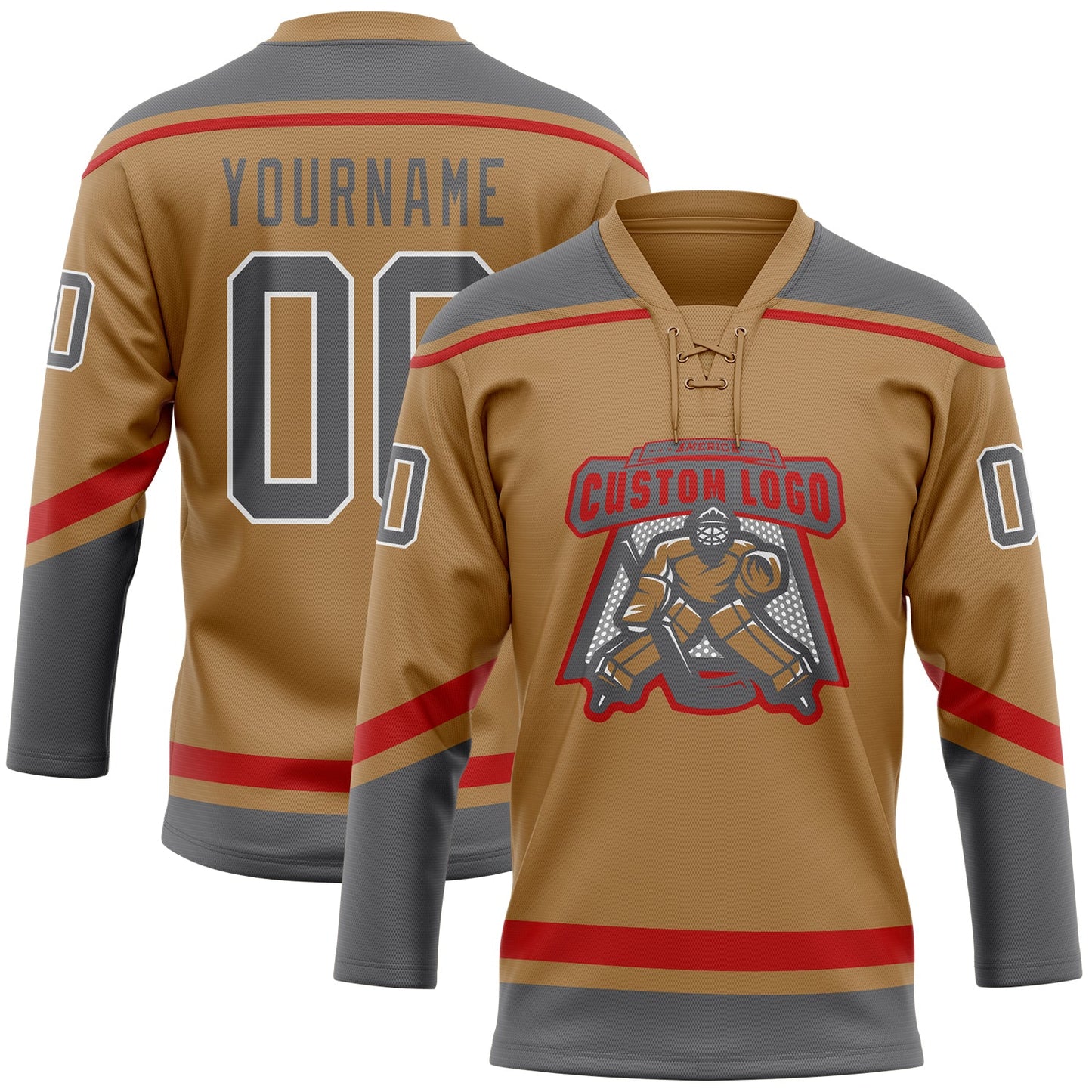 Custom Old Gold Steel Gray-White Hockey Lace Neck Jersey view 2