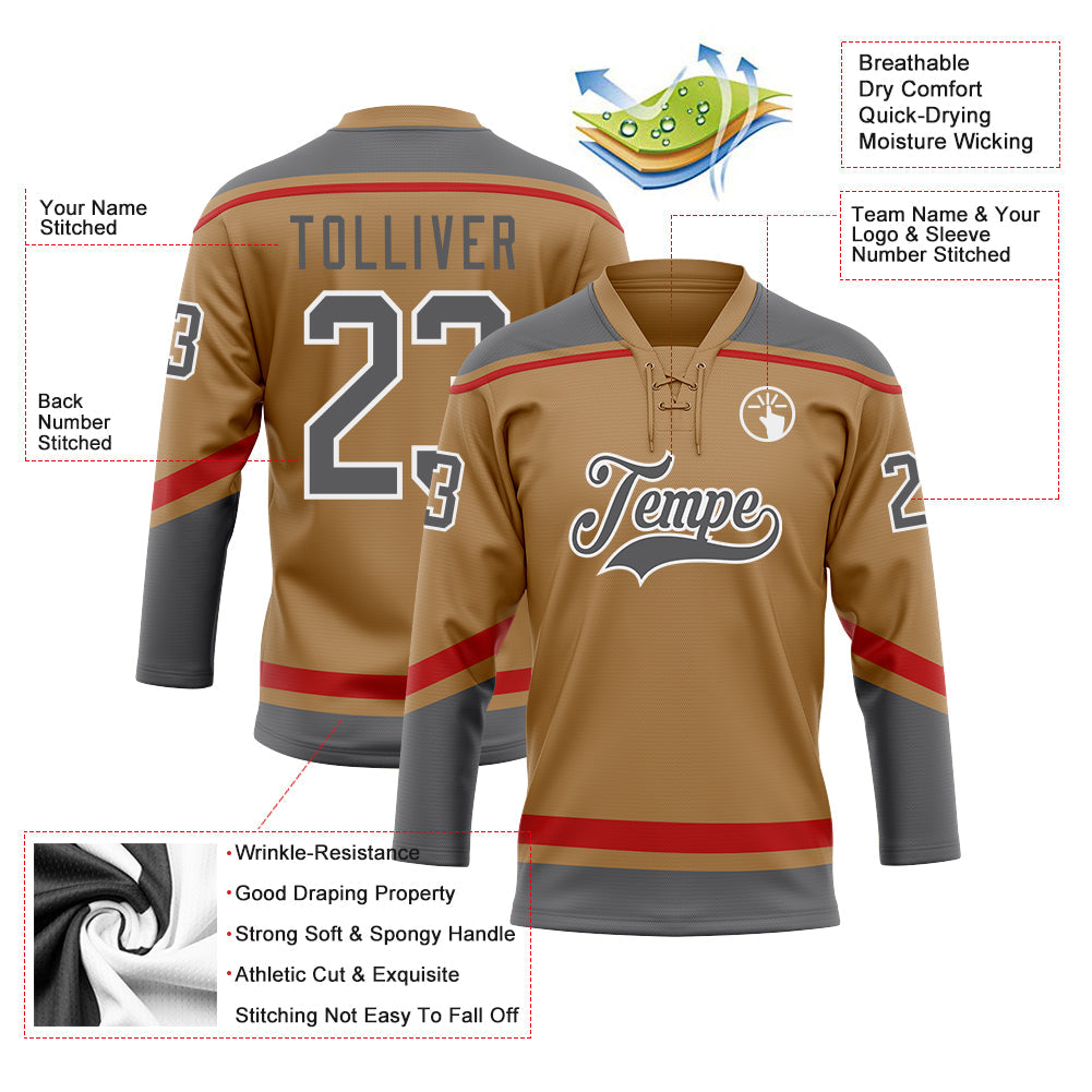 Custom Old Gold Steel Gray-White Hockey Lace Neck Jersey view 3