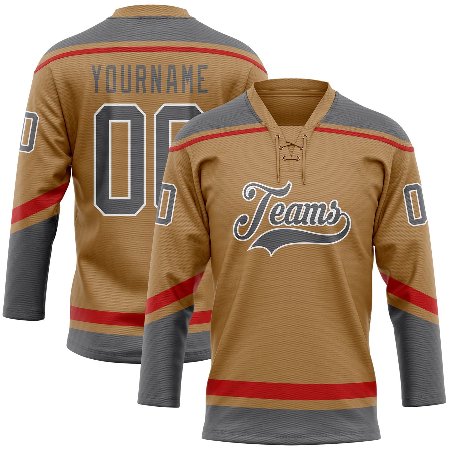 Custom Old Gold Steel Gray-White Hockey Lace Neck Jersey - Main View