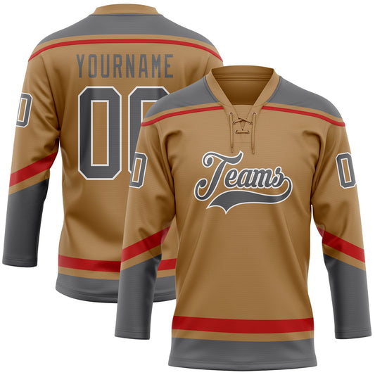 Custom Old Gold Steel Gray-White Hockey Lace Neck Jersey - Main View