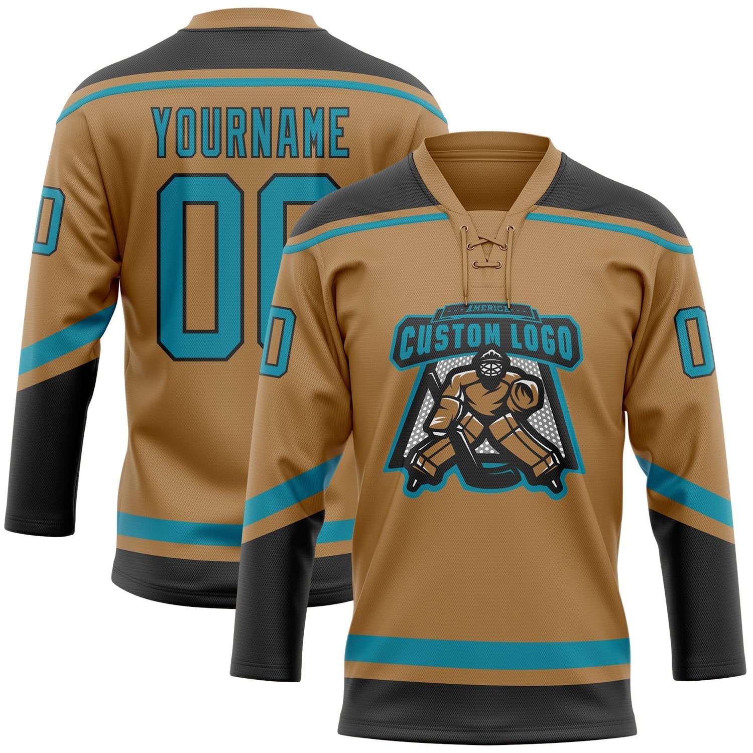 Custom Old Gold Teal-Black Hockey Lace Neck Jersey view 2