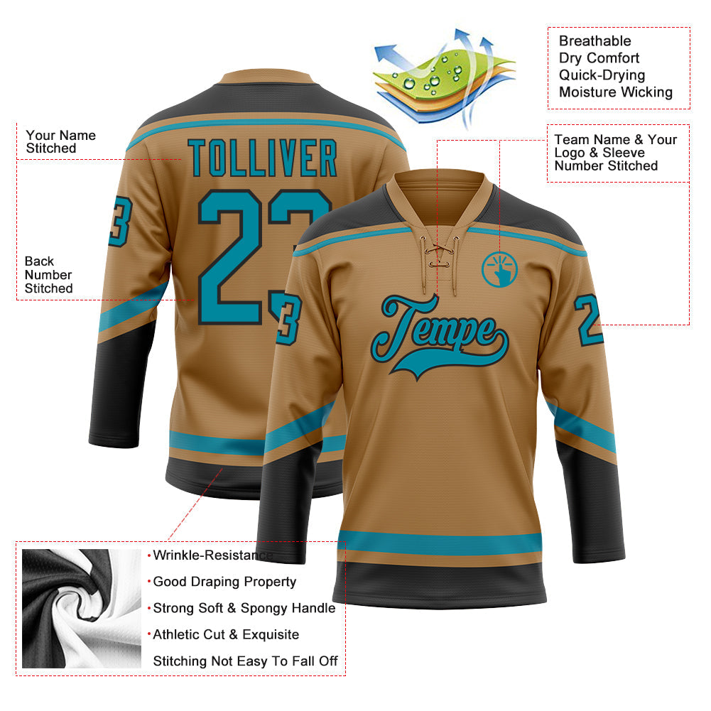 Custom Old Gold Teal-Black Hockey Lace Neck Jersey view 3