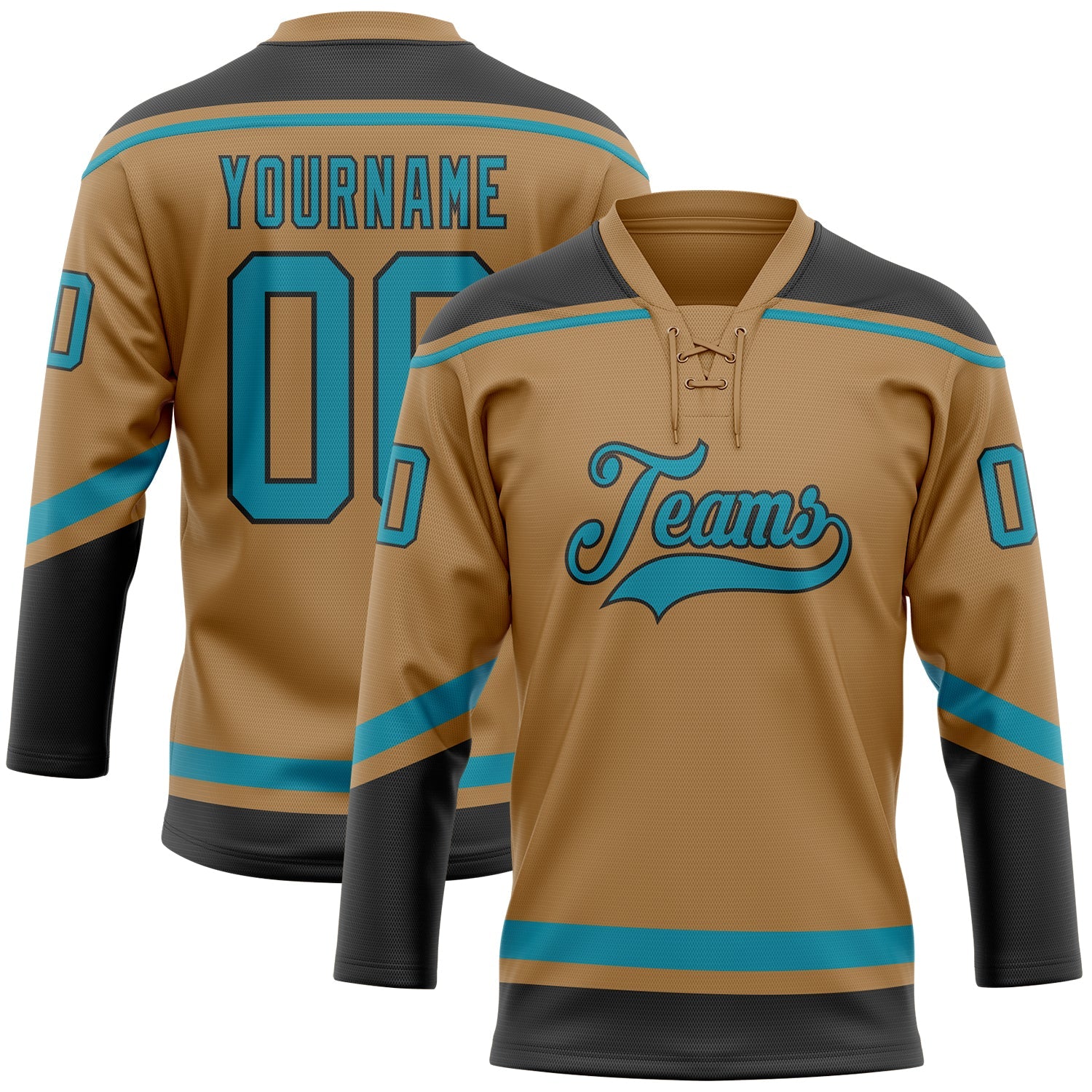 Custom Old Gold Teal-Black Hockey Lace Neck Jersey - Main View