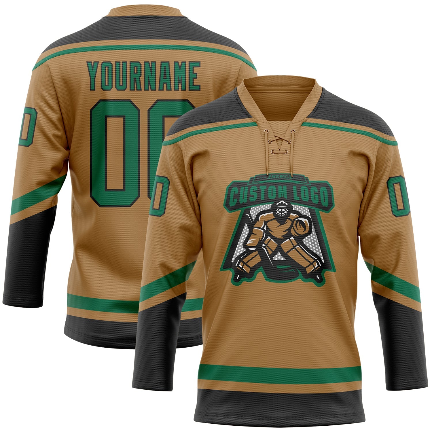 Custom Old Gold Kelly Green-Black Hockey Lace Neck Jersey view 2