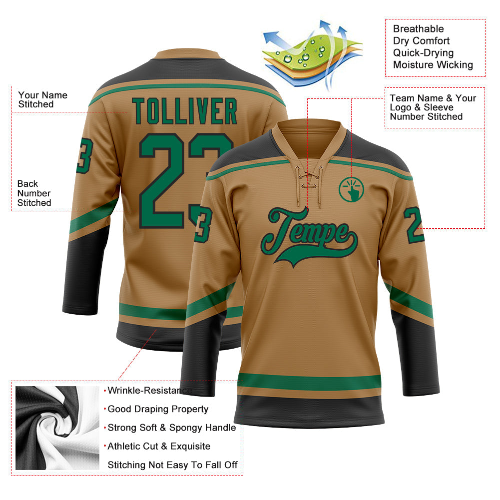 Custom Old Gold Kelly Green-Black Hockey Lace Neck Jersey view 3