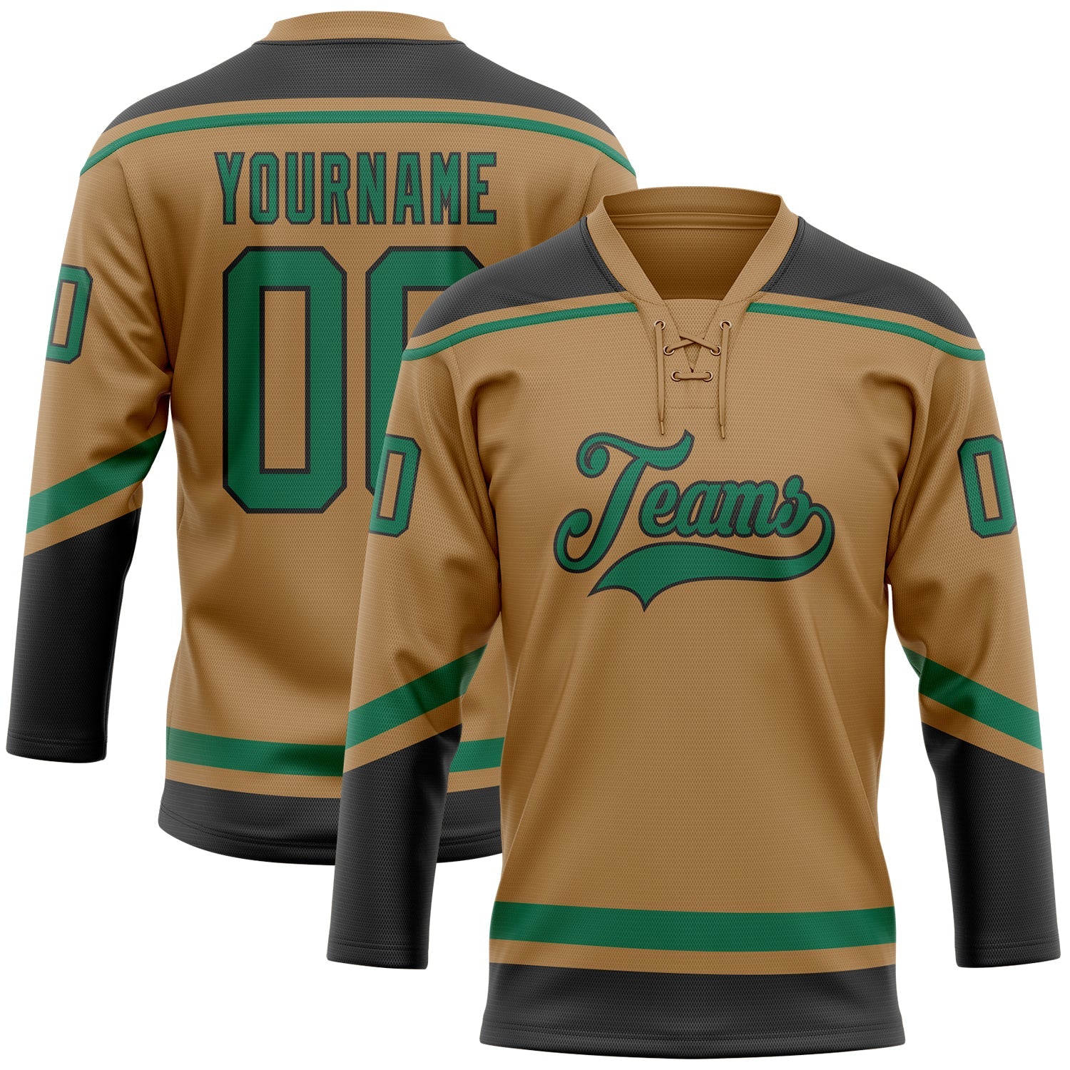 Custom Old Gold Kelly Green-Black Hockey Lace Neck Jersey - Main View