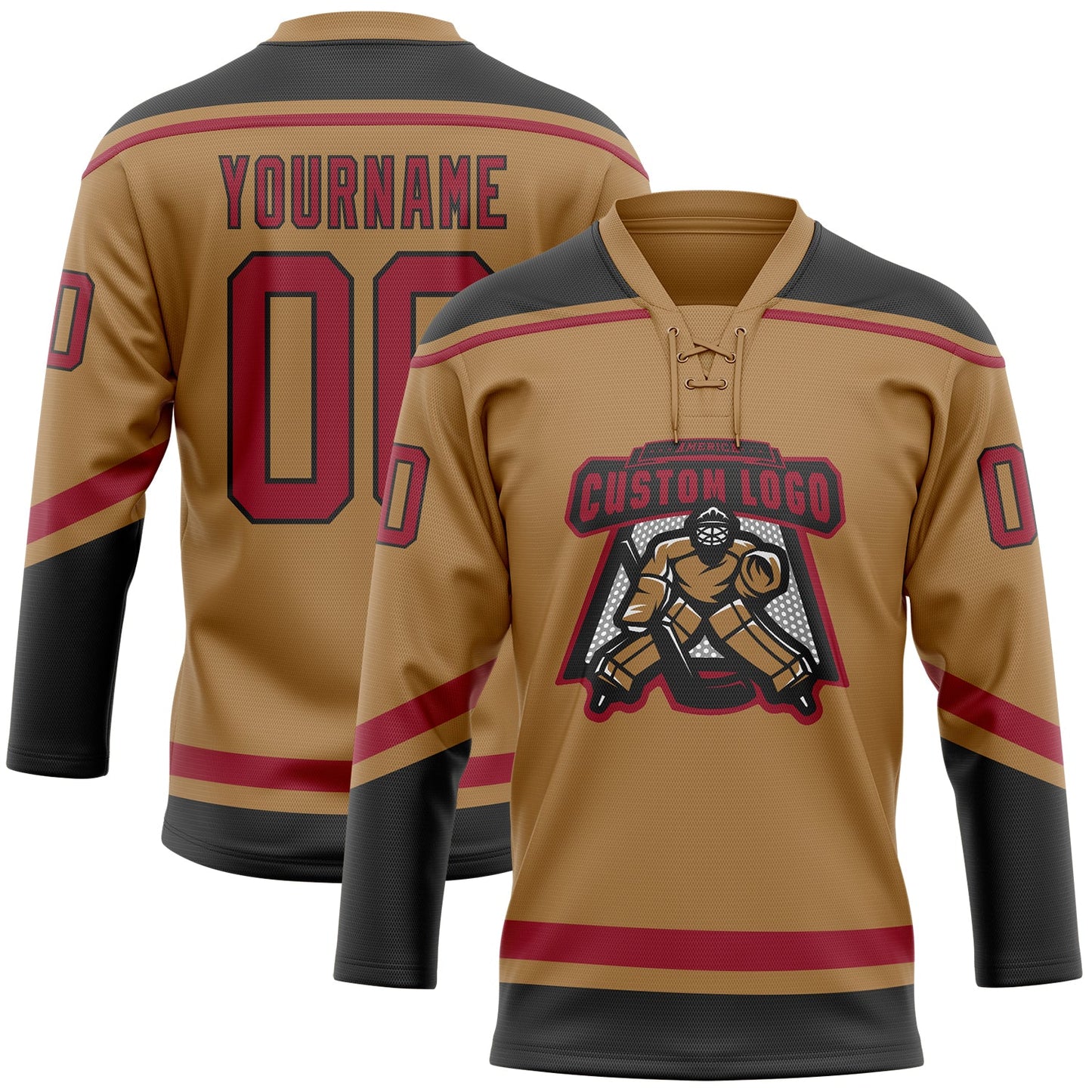 Custom Old Gold Cardinal-Black Hockey Lace Neck Jersey view 2