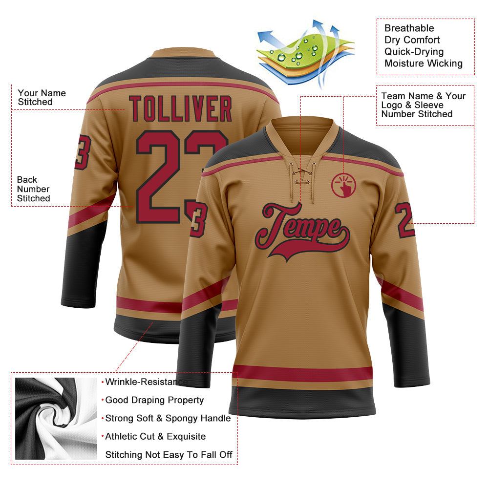 Custom Old Gold Cardinal-Black Hockey Lace Neck Jersey view 3