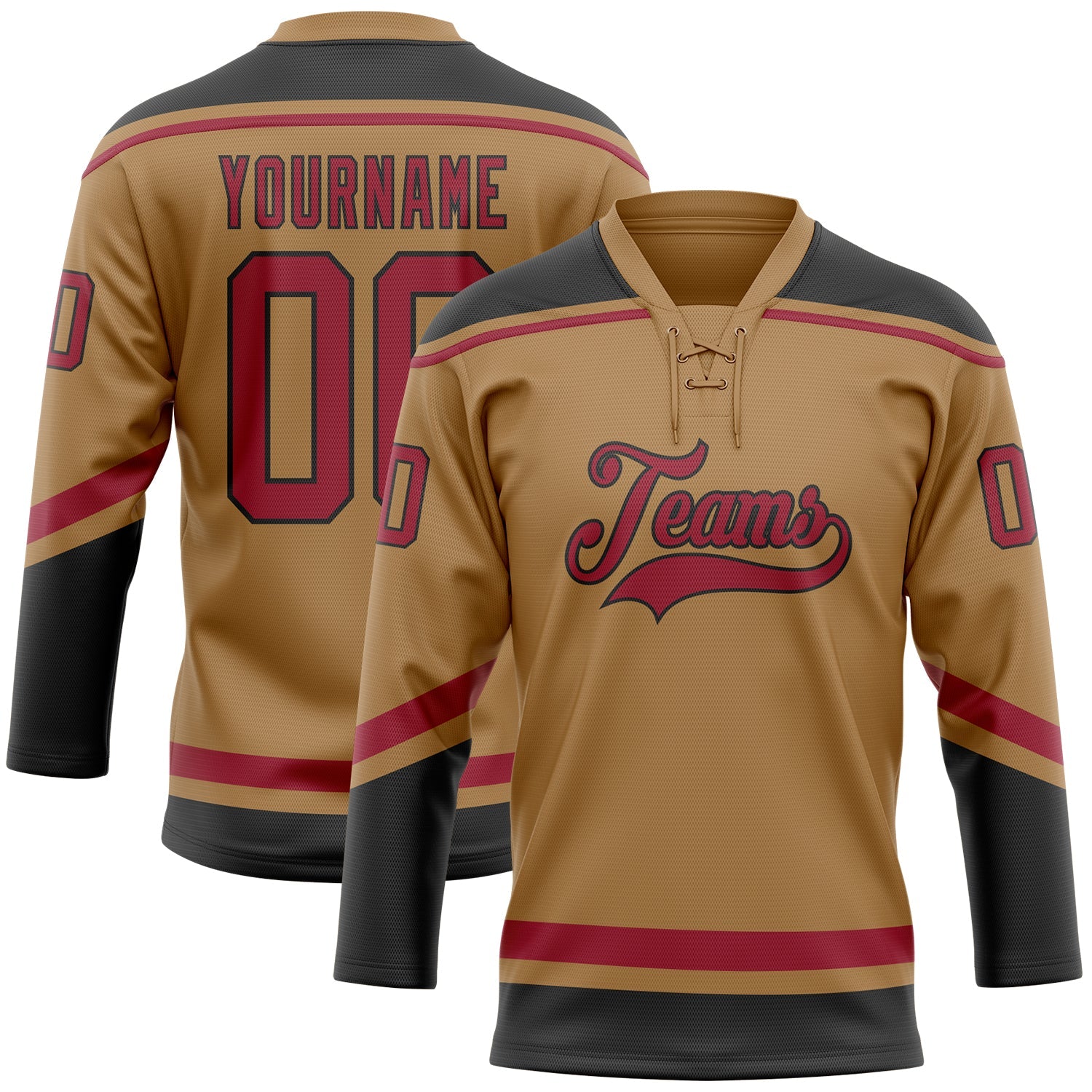Custom Old Gold Cardinal-Black Hockey Lace Neck Jersey - Main View