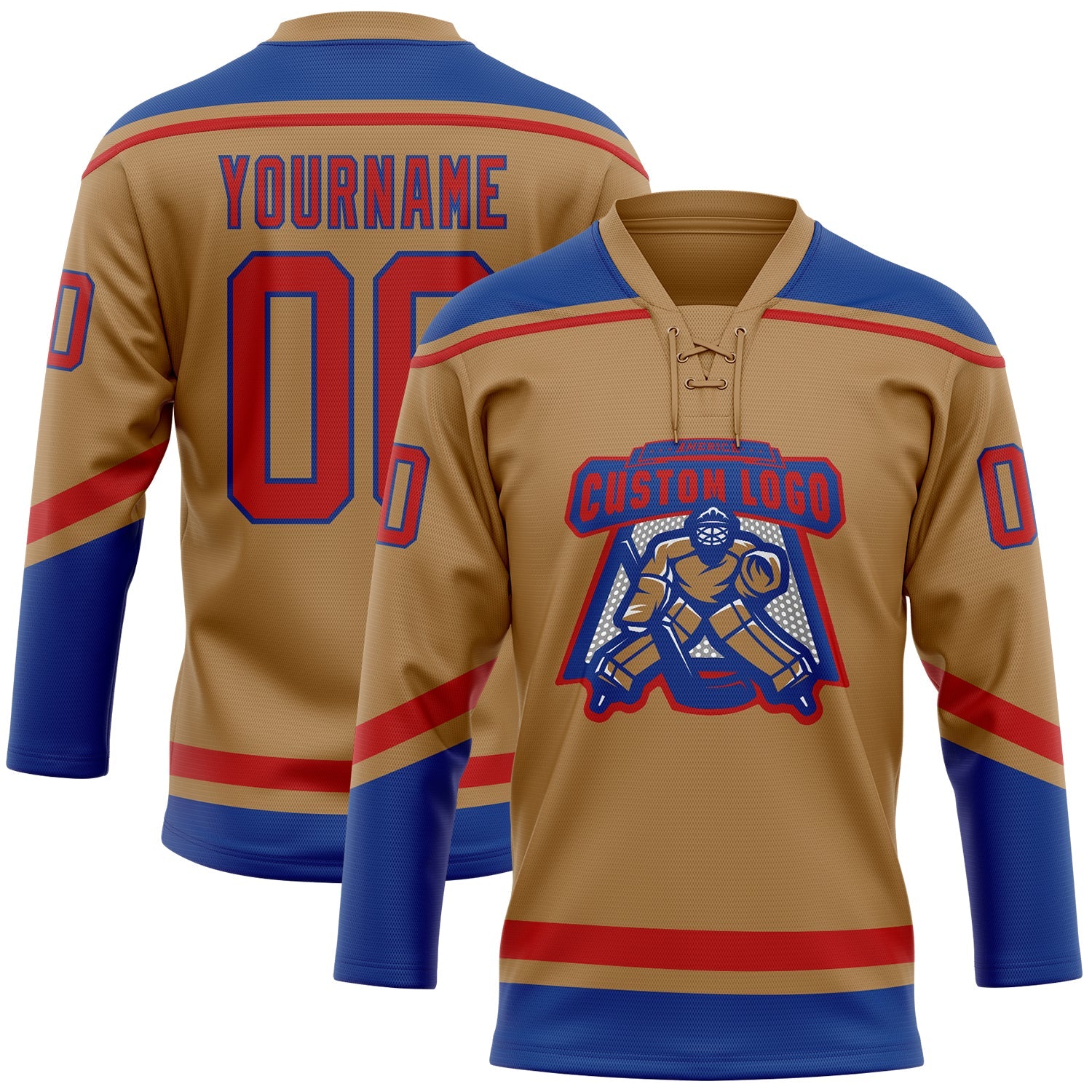 Custom Old Gold Red-Royal Hockey Lace Neck Jersey view 2