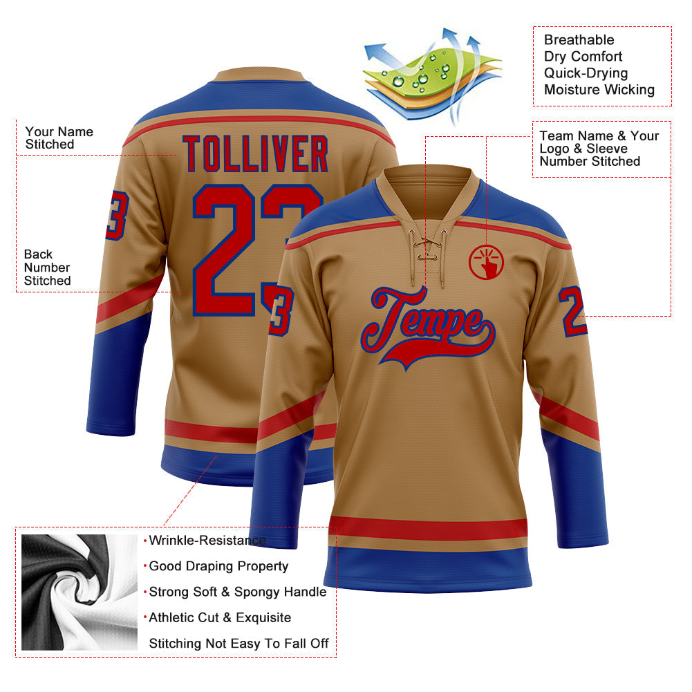 Custom Old Gold Red-Royal Hockey Lace Neck Jersey view 3