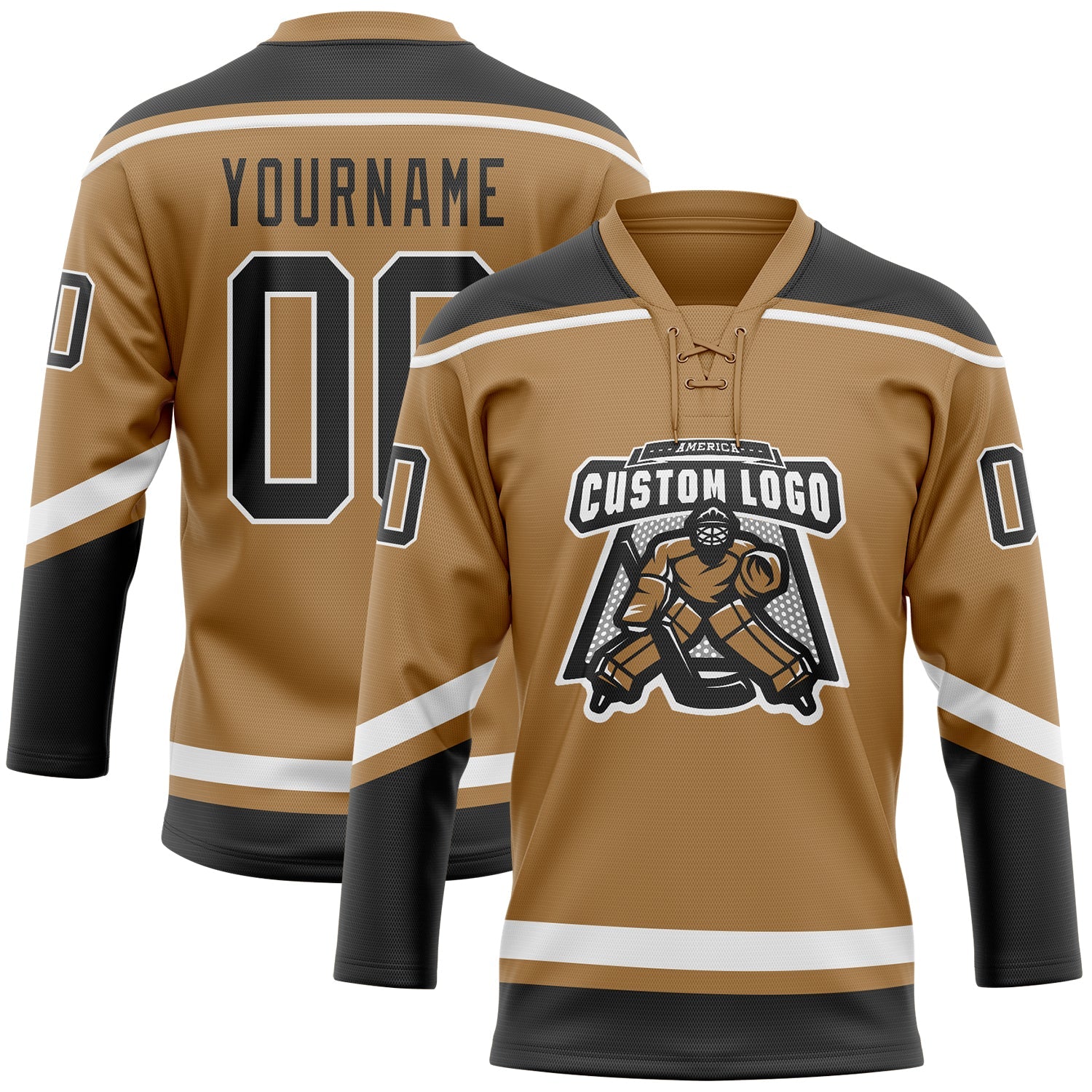 Custom Old Gold Black-White Hockey Lace Neck Jersey view 2
