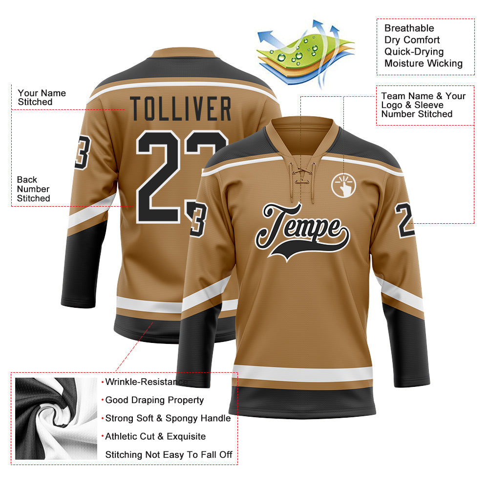 Custom Old Gold Black-White Hockey Lace Neck Jersey view 3