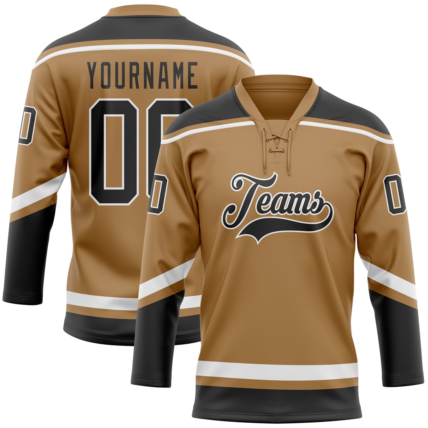 Custom Old Gold Black-White Hockey Lace Neck Jersey - Main View