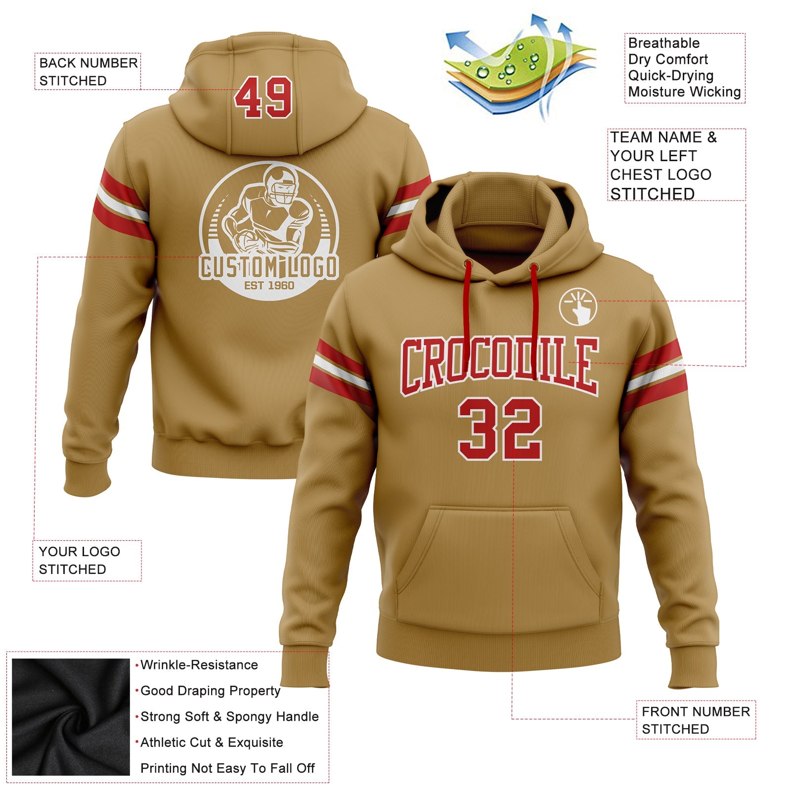 Custom Stitched Old Gold Red-White Football Pullover Sweatshirt Hoodie view 2