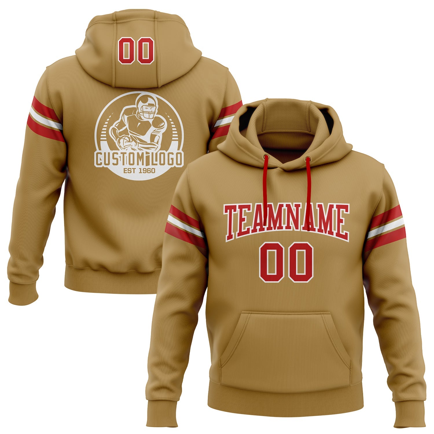 Custom Stitched Old Gold Red-White Football Pullover Sweatshirt Hoodie - Main View