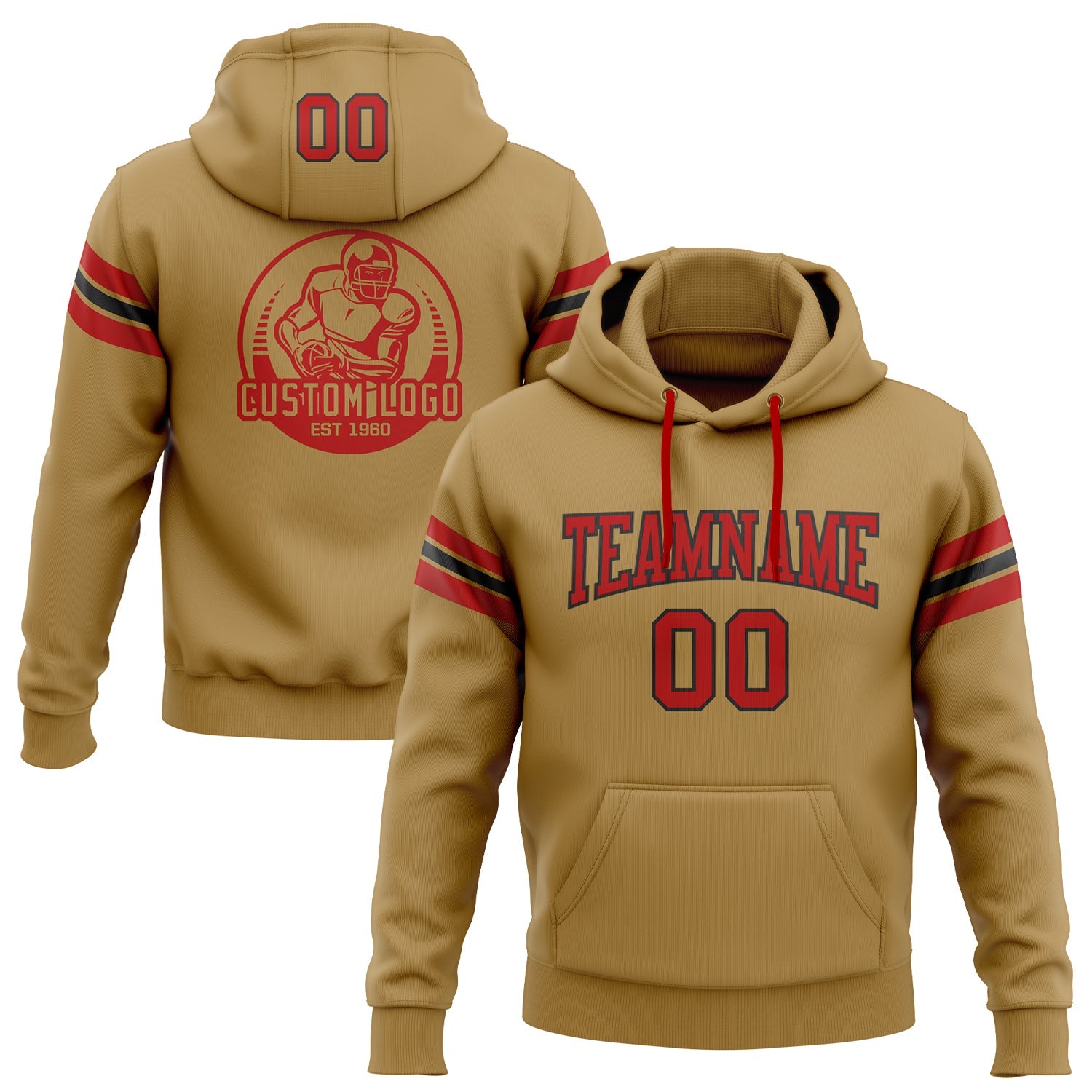 Custom Stitched Old Gold Red-Black Football Pullover Sweatshirt Hoodie - Main View