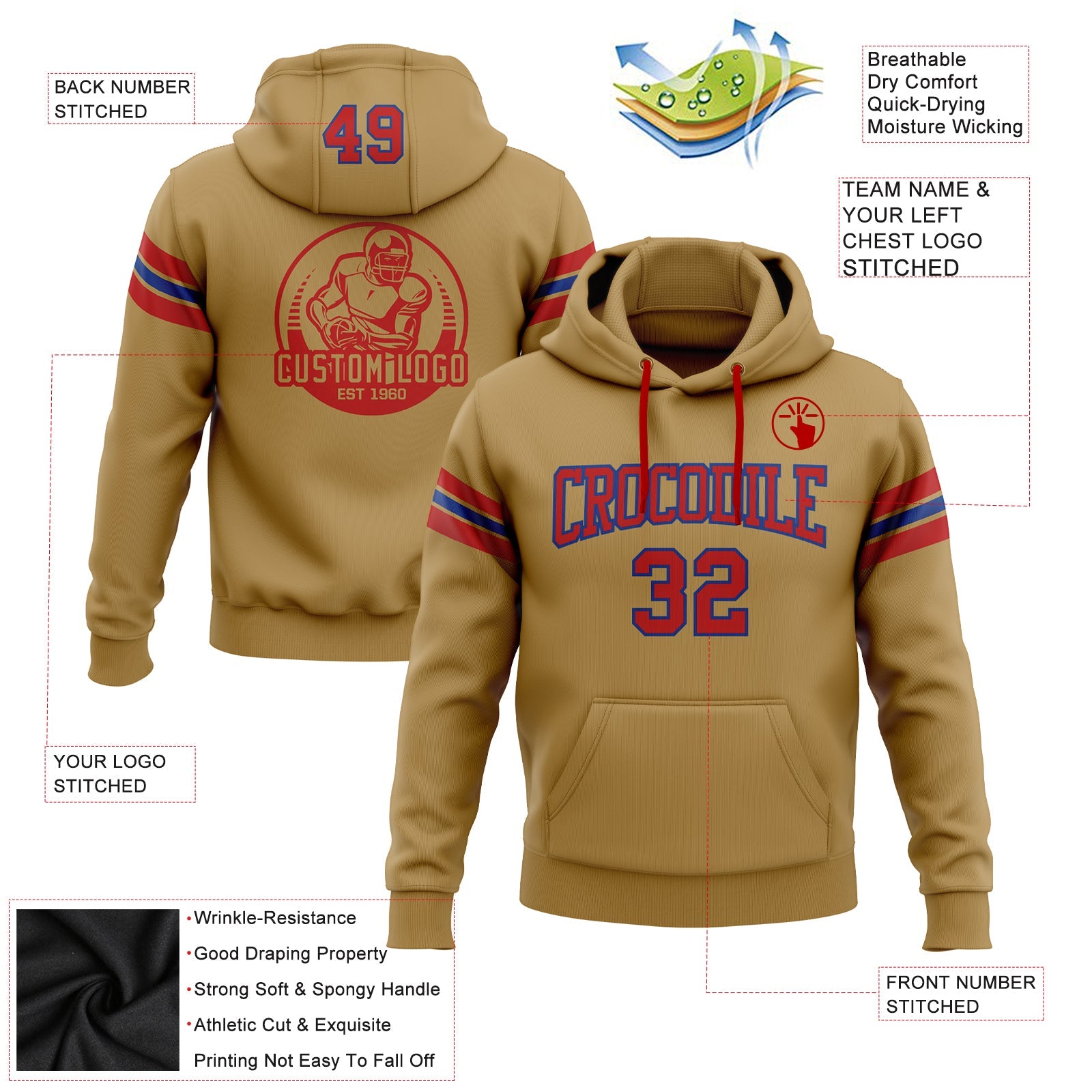 Custom Stitched Old Gold Red-Royal Football Pullover Sweatshirt Hoodie view 2