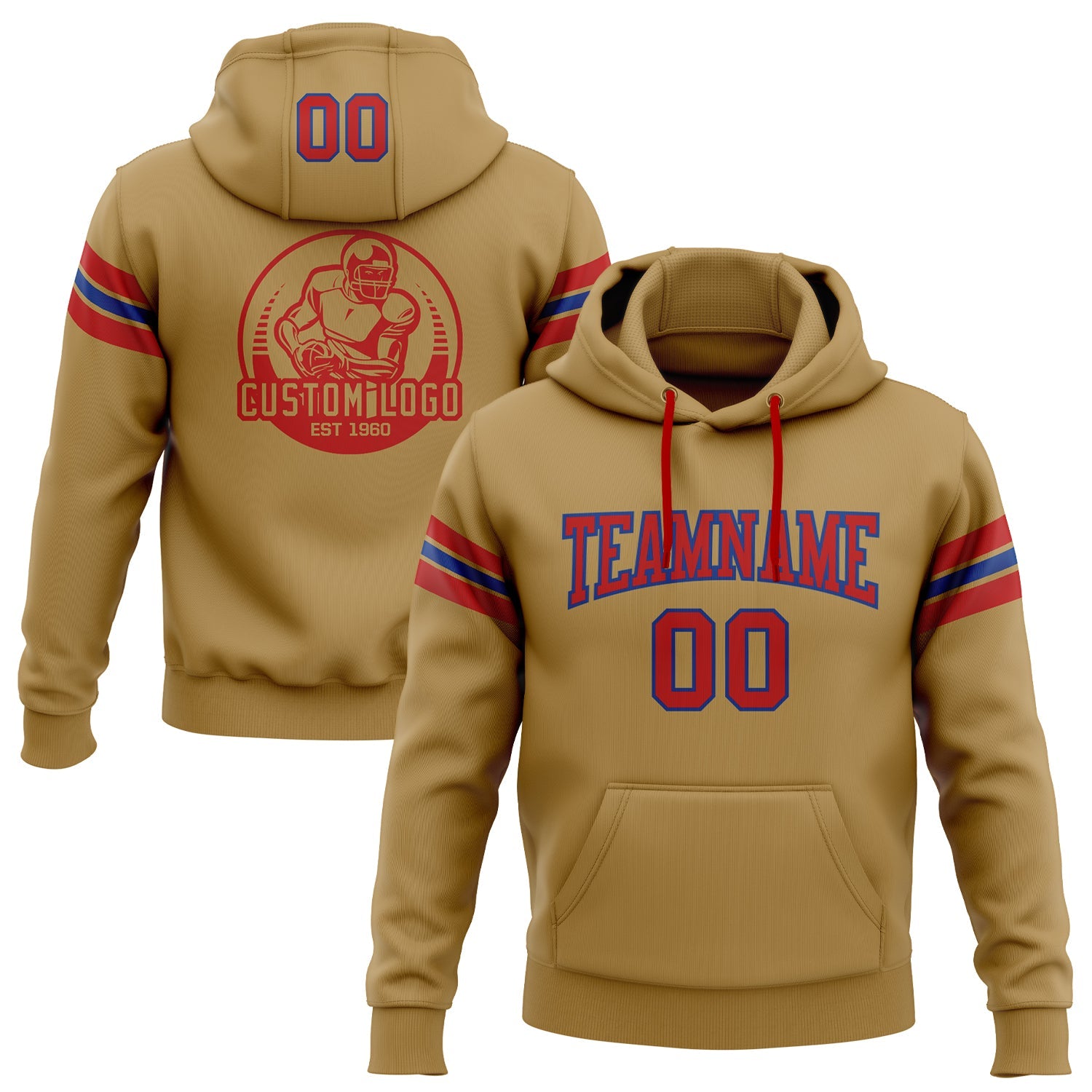 Custom Stitched Old Gold Red-Royal Football Pullover Sweatshirt Hoodie - Main View