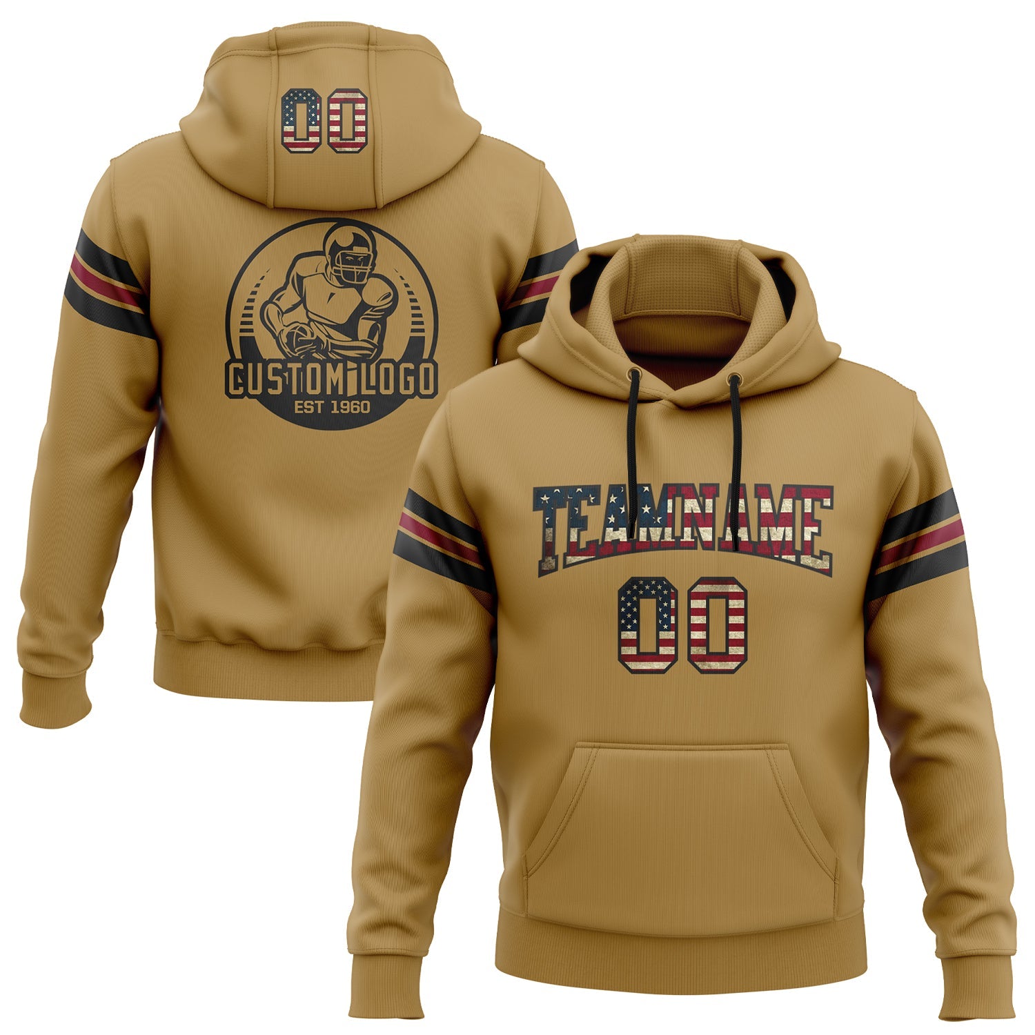 Custom Stitched Old Gold Vintage USA Flag Black-Crimson Football Pullover Sweatshirt Hoodie - Main View