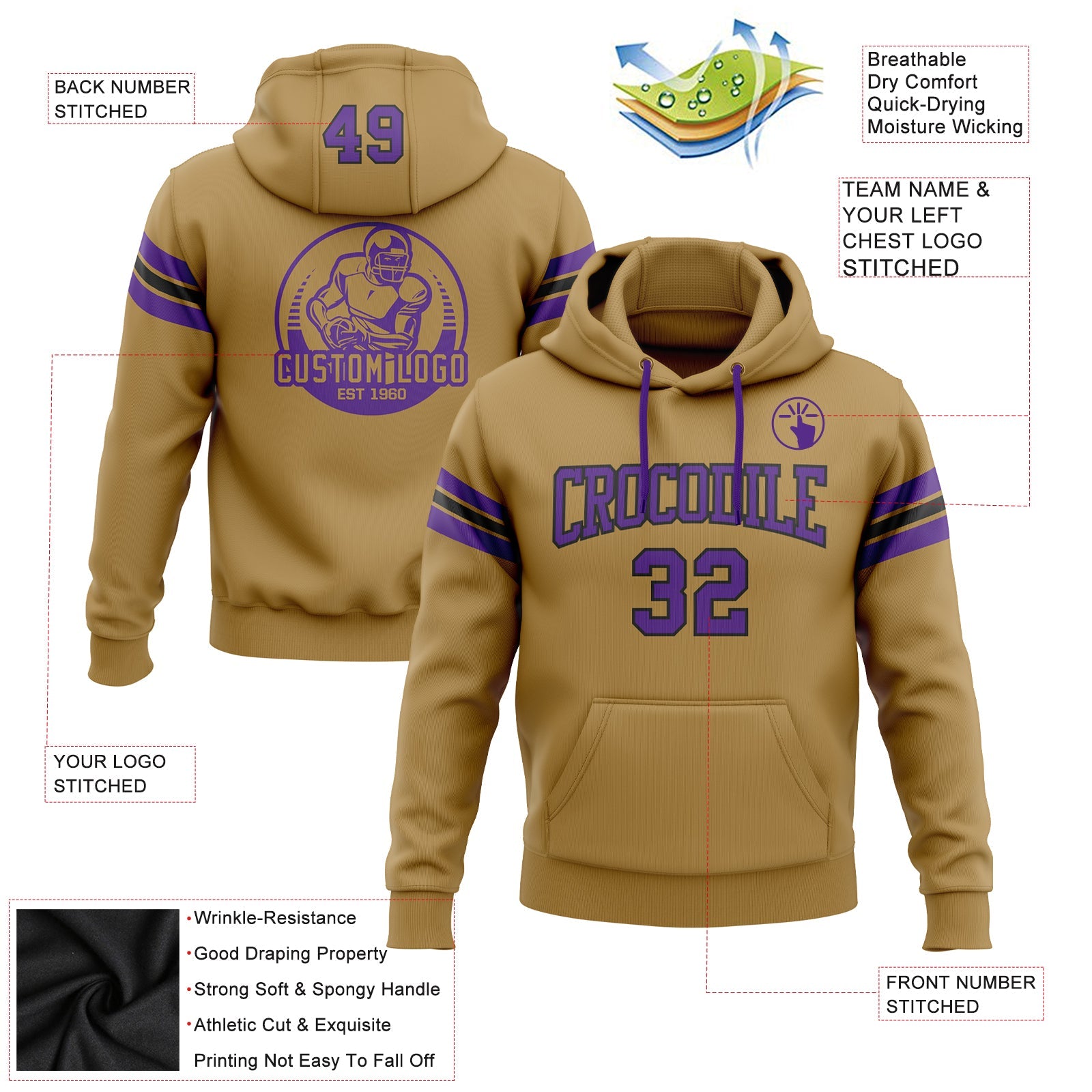 Custom Stitched Old Gold Purple-Black Football Pullover Sweatshirt Hoodie view 2