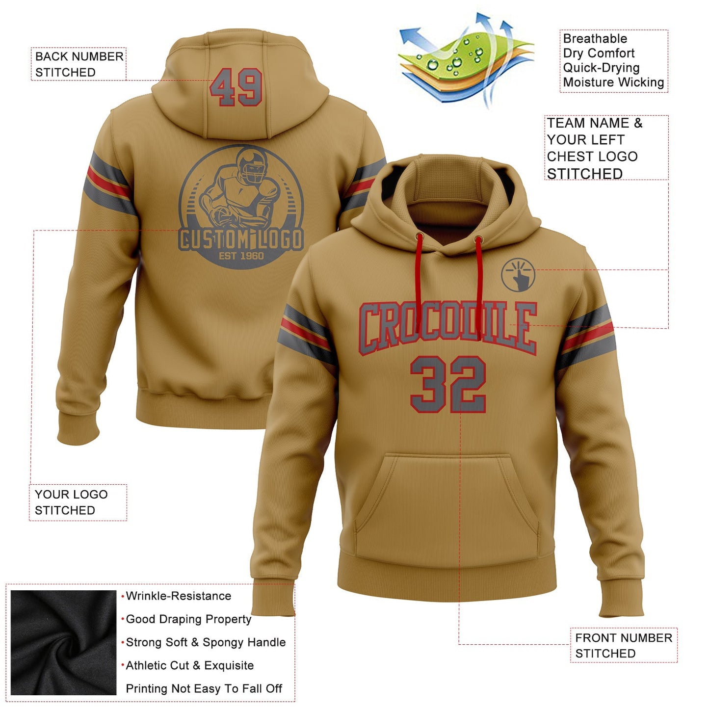Custom Stitched Old Gold Steel Gray-Red Football Pullover Sweatshirt Hoodie view 2