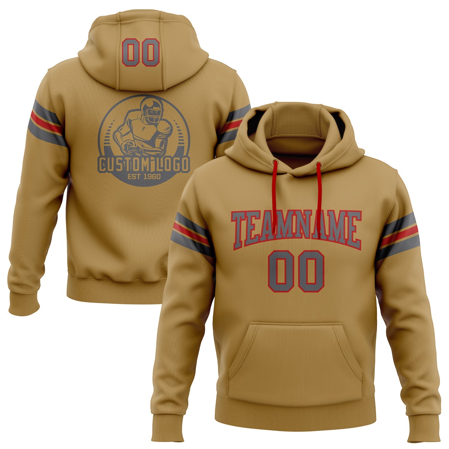 Custom Stitched Old Gold Steel Gray-Red Football Pullover Sweatshirt Hoodie - Main View