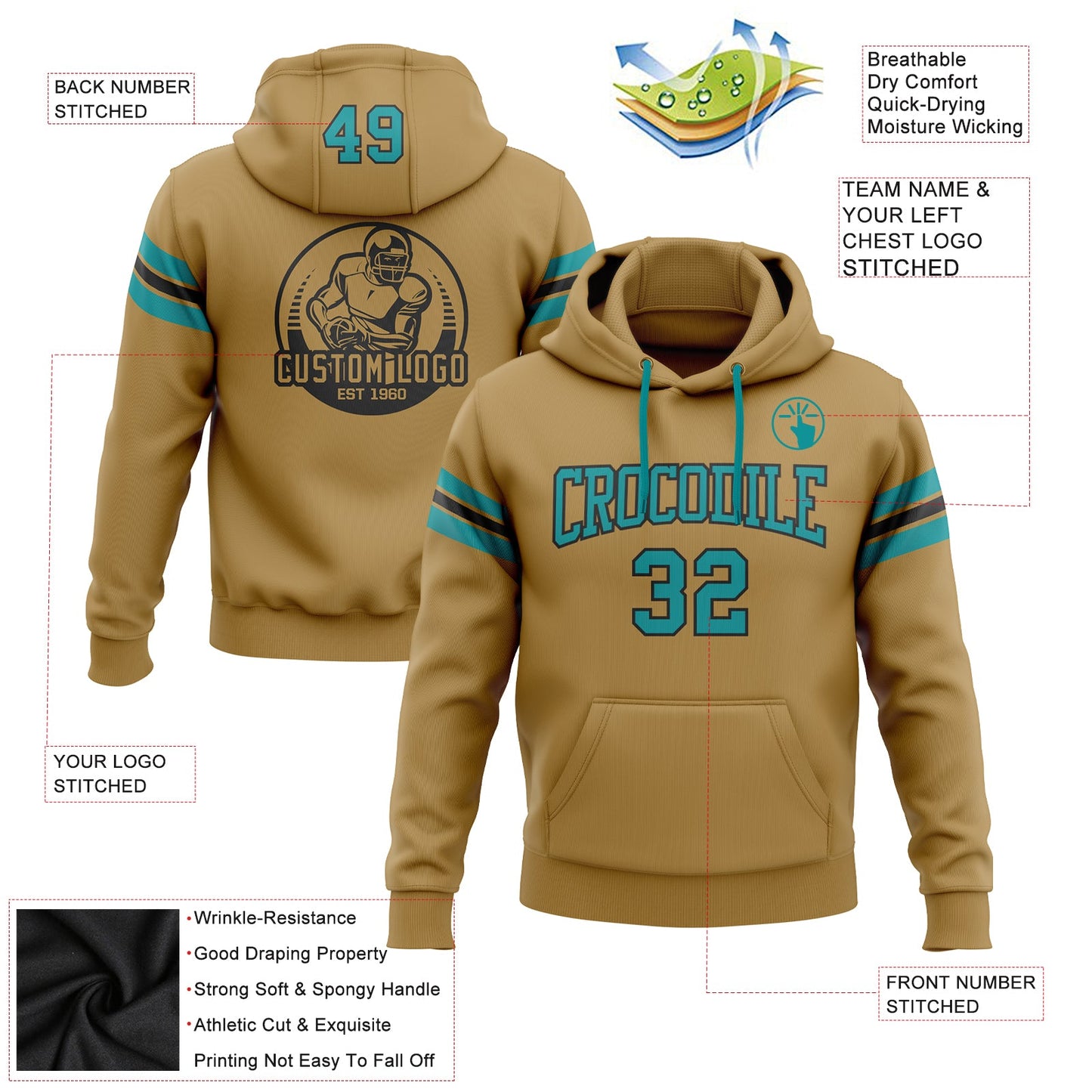Custom Stitched Old Gold Teal-Black Football Pullover Sweatshirt Hoodie view 2