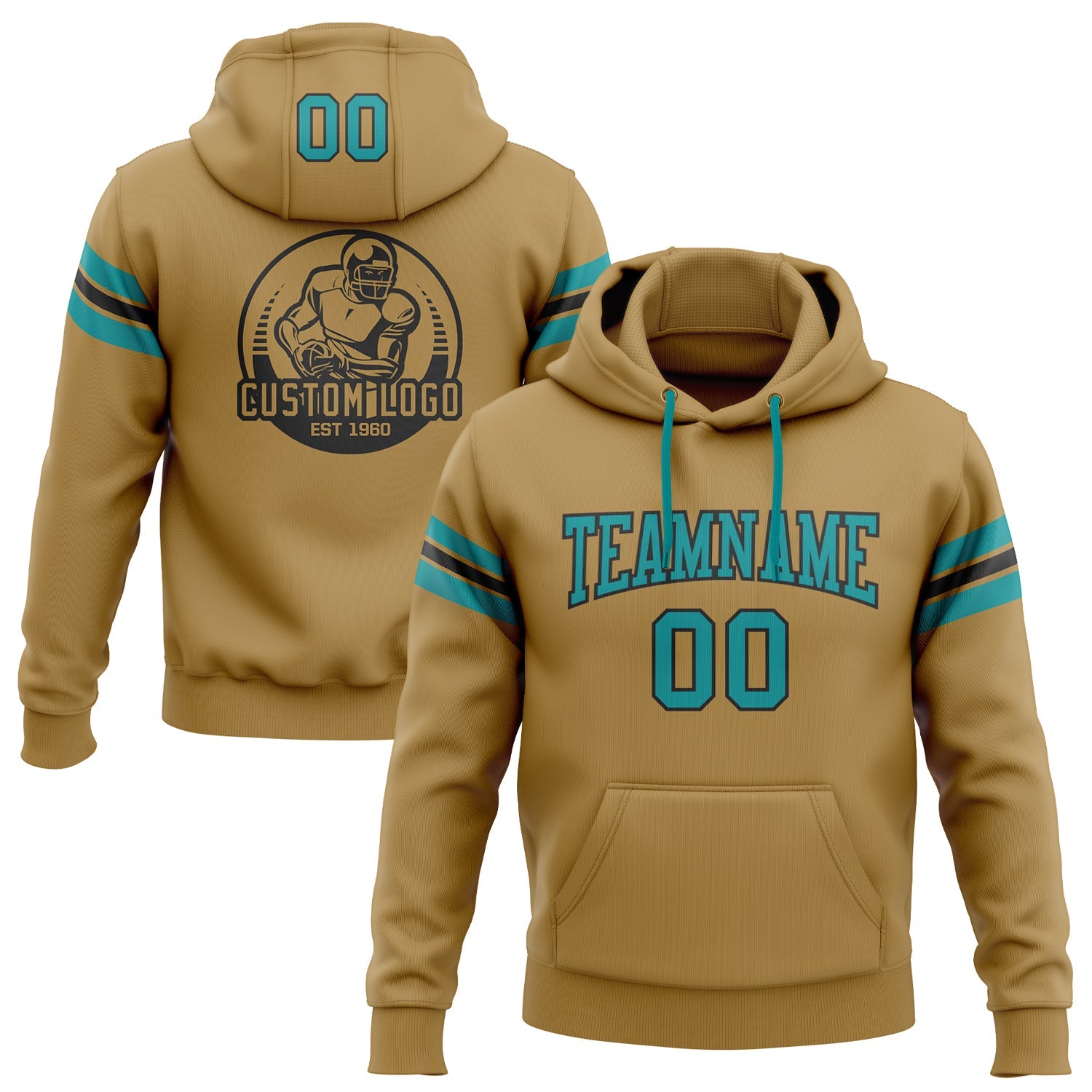 Custom Stitched Old Gold Teal-Black Football Pullover Sweatshirt Hoodie - Main View