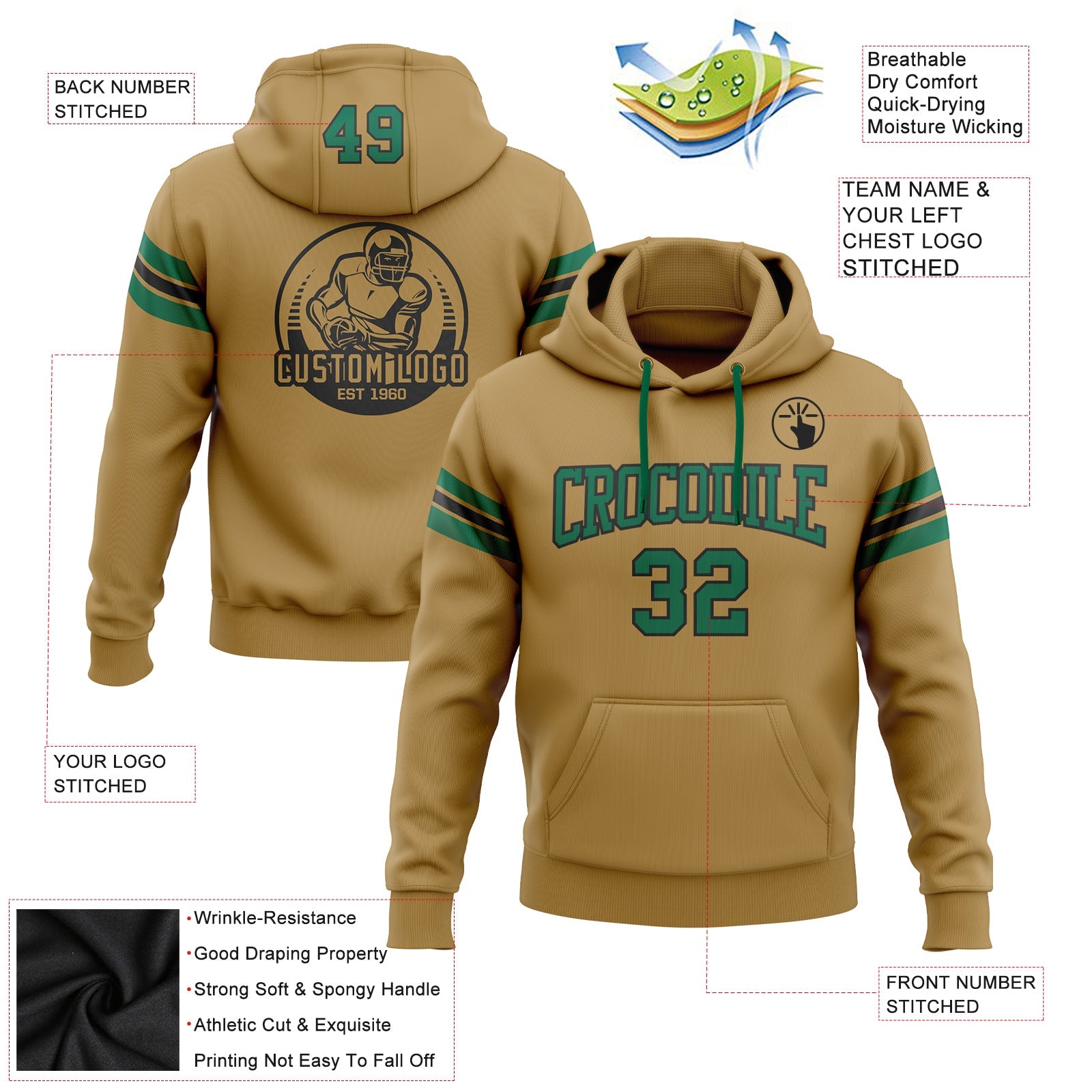 Custom Stitched Old Gold Kelly Green-Black Football Pullover Sweatshirt Hoodie view 2