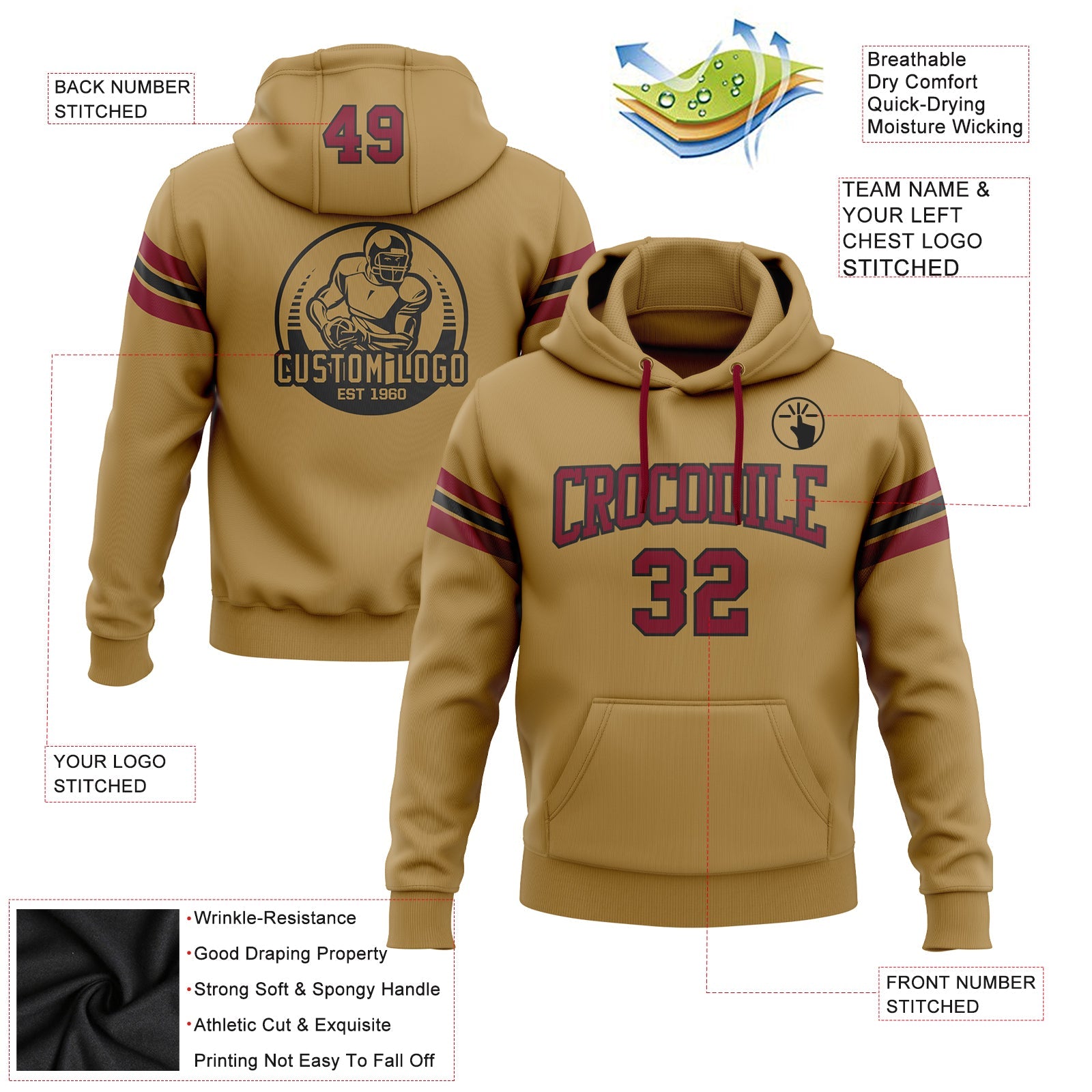 Custom Stitched Old Gold Crimson-Black Football Pullover Sweatshirt Hoodie view 2