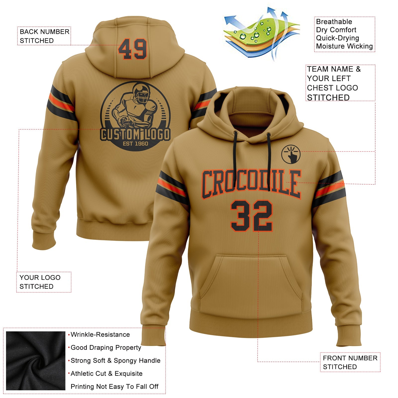 Custom Stitched Old Gold Black-Orange Football Pullover Sweatshirt Hoodie view 2