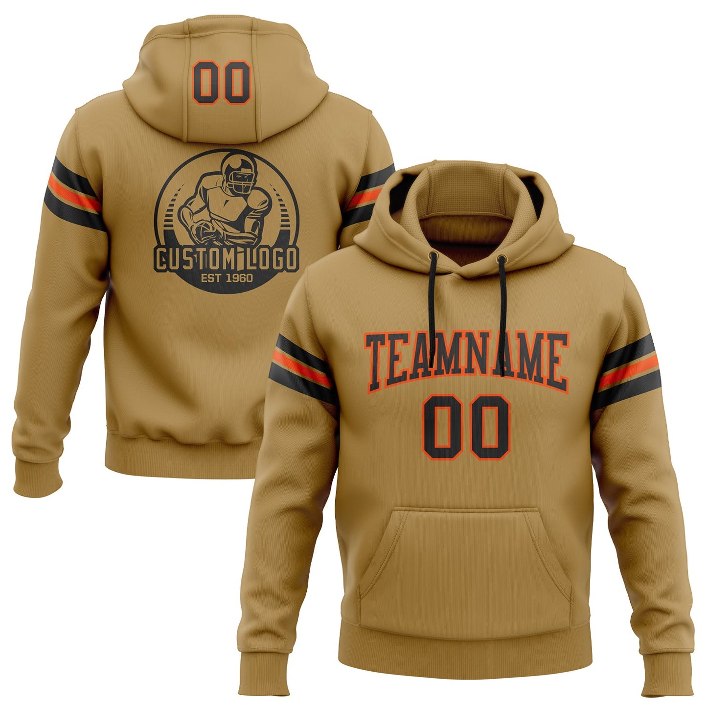 Custom Stitched Old Gold Black-Orange Football Pullover Sweatshirt Hoodie - Main View