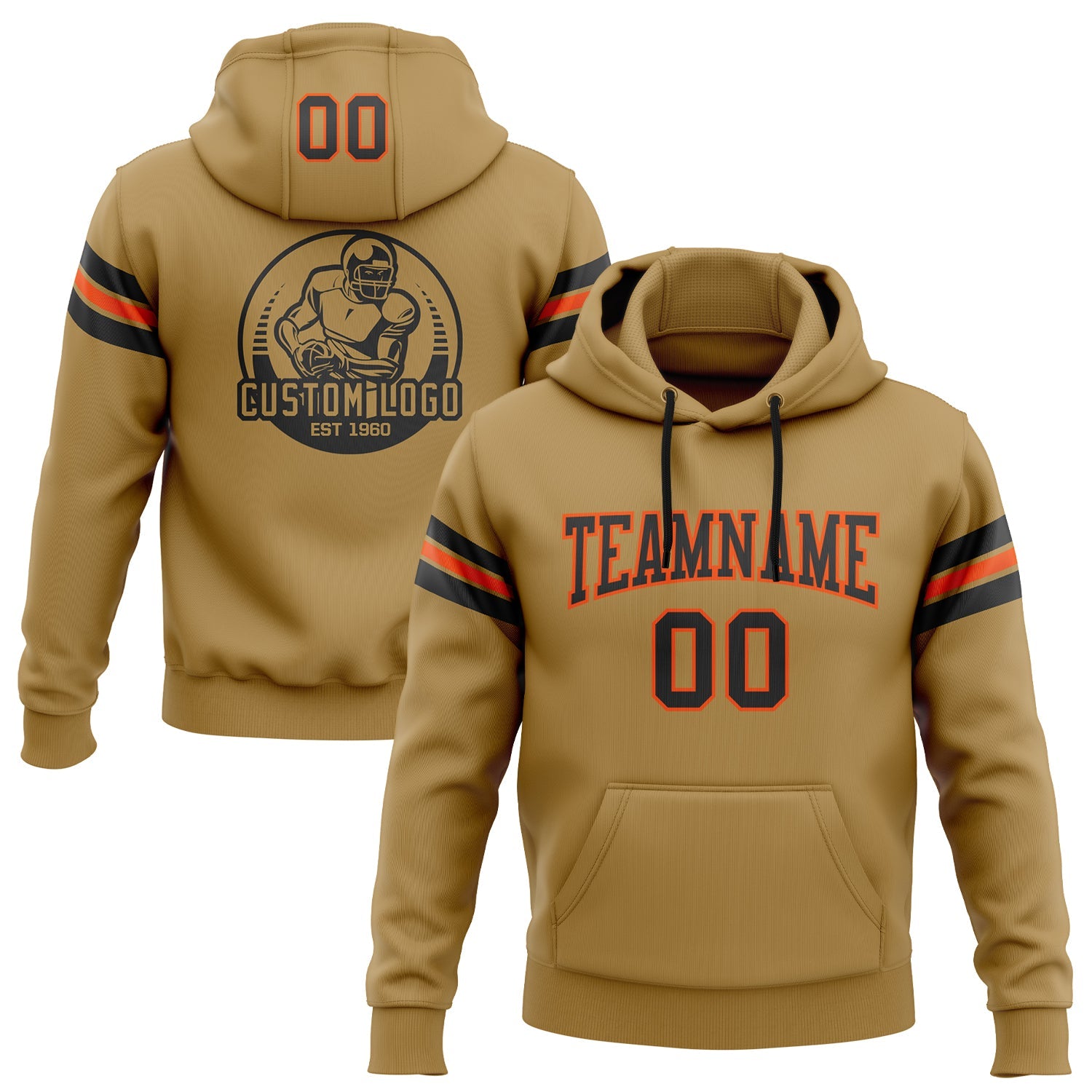 Custom Stitched Old Gold Black-Orange Football Pullover Sweatshirt Hoodie - Main View