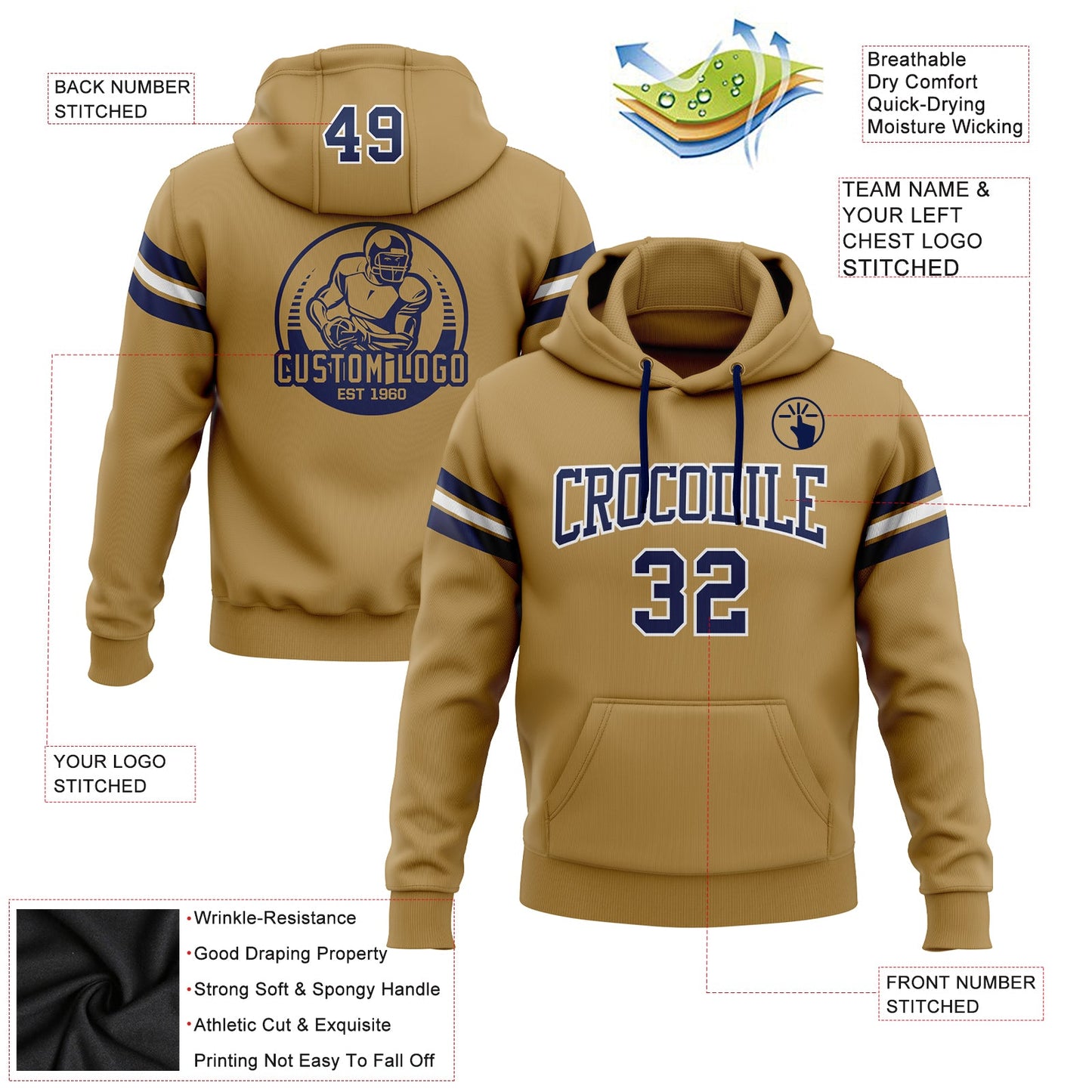 Custom Stitched Old Gold Navy-White Football Pullover Sweatshirt Hoodie view 2