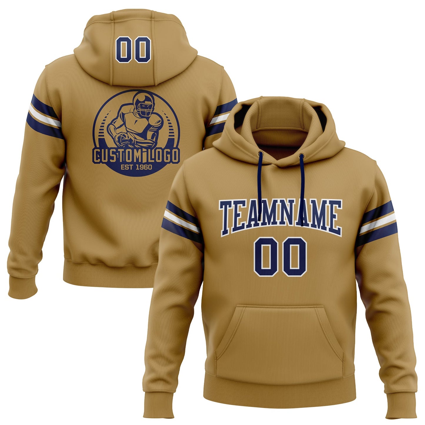 Custom Stitched Old Gold Navy-White Football Pullover Sweatshirt Hoodie - Main View