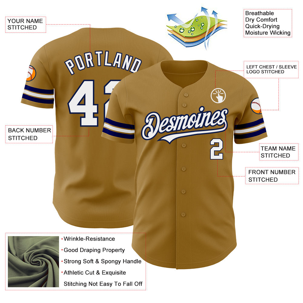 Custom Old Gold White-Navy Authentic Baseball Jersey view 3